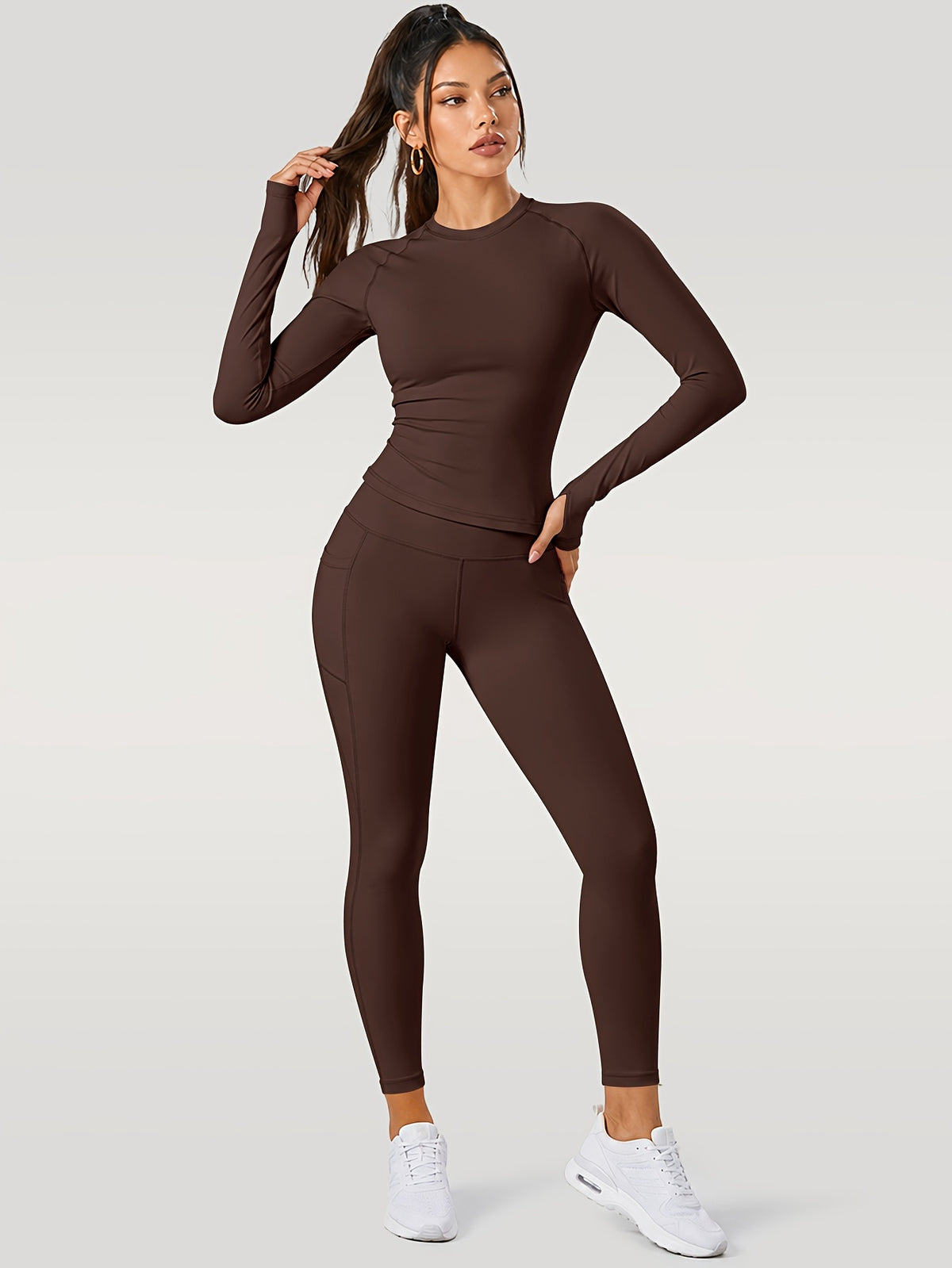 Long Sleeve Top & Leggings Set - Brown