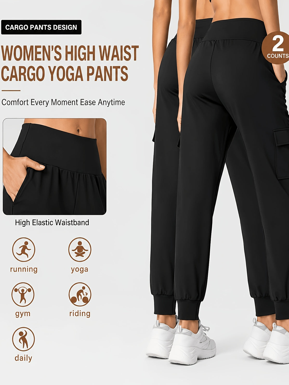 2 Pack Cargo Joggers With 4 Pockets - Black