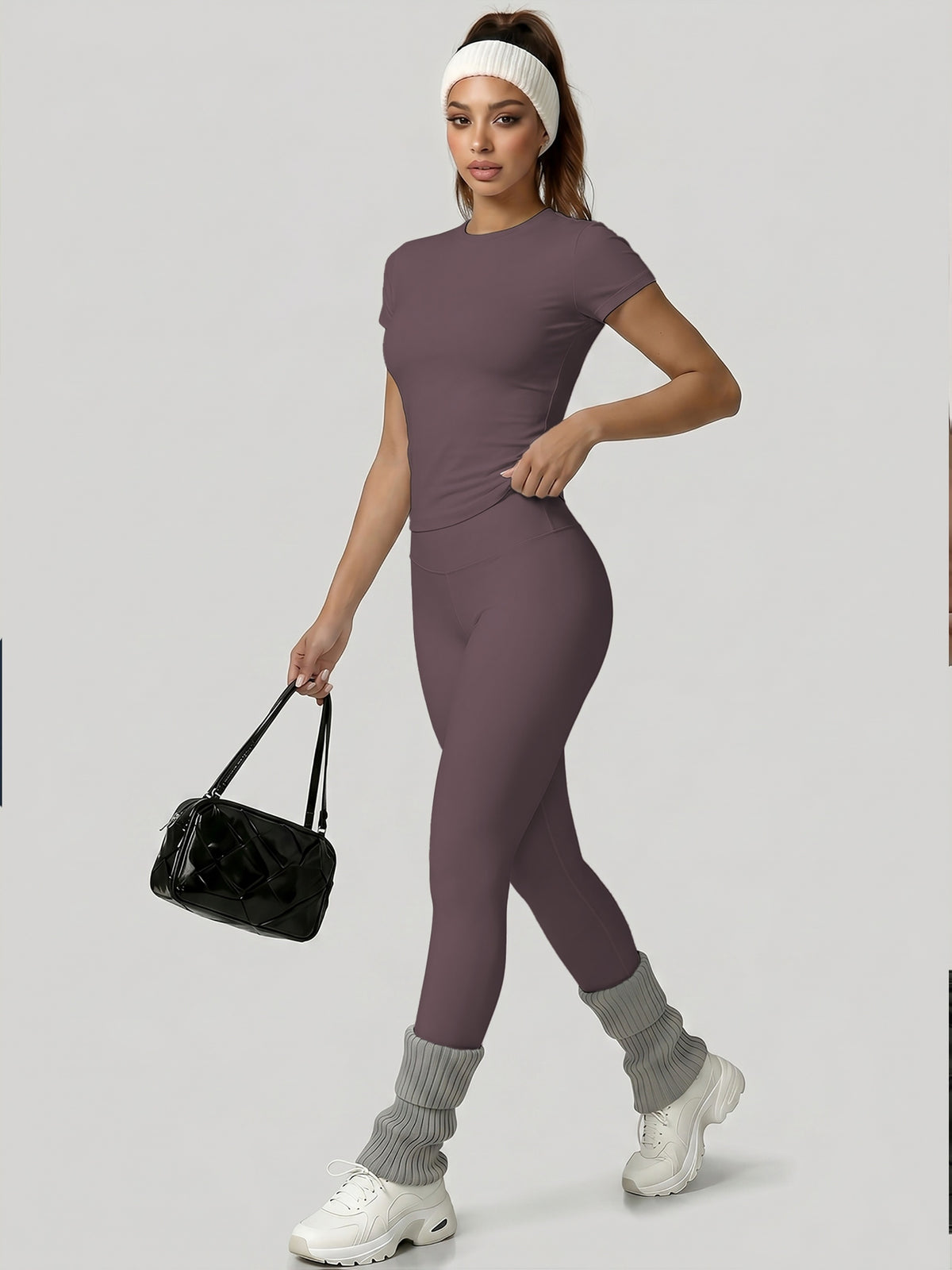 Round Neck Top & Tummy Tuck Leggings Set - Eggplant Purple