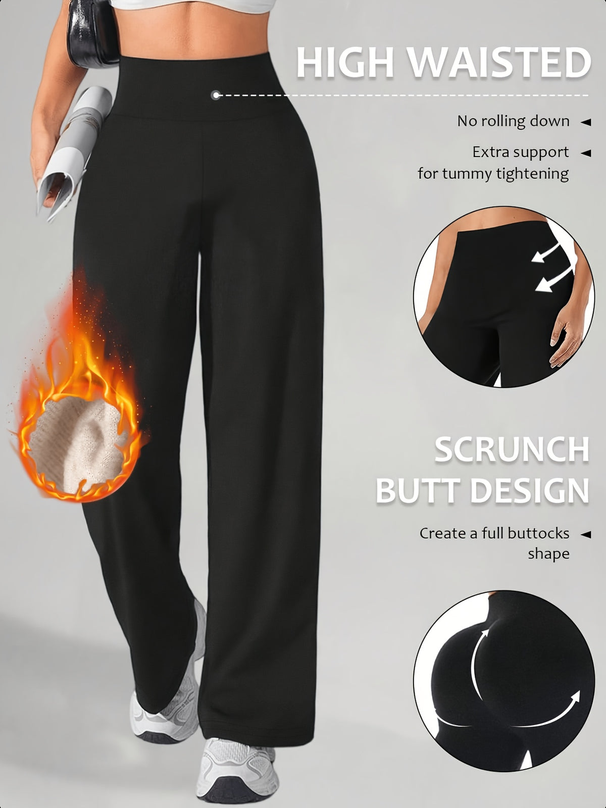 Fleece Lined High Waist Wide Leg Pants - Black