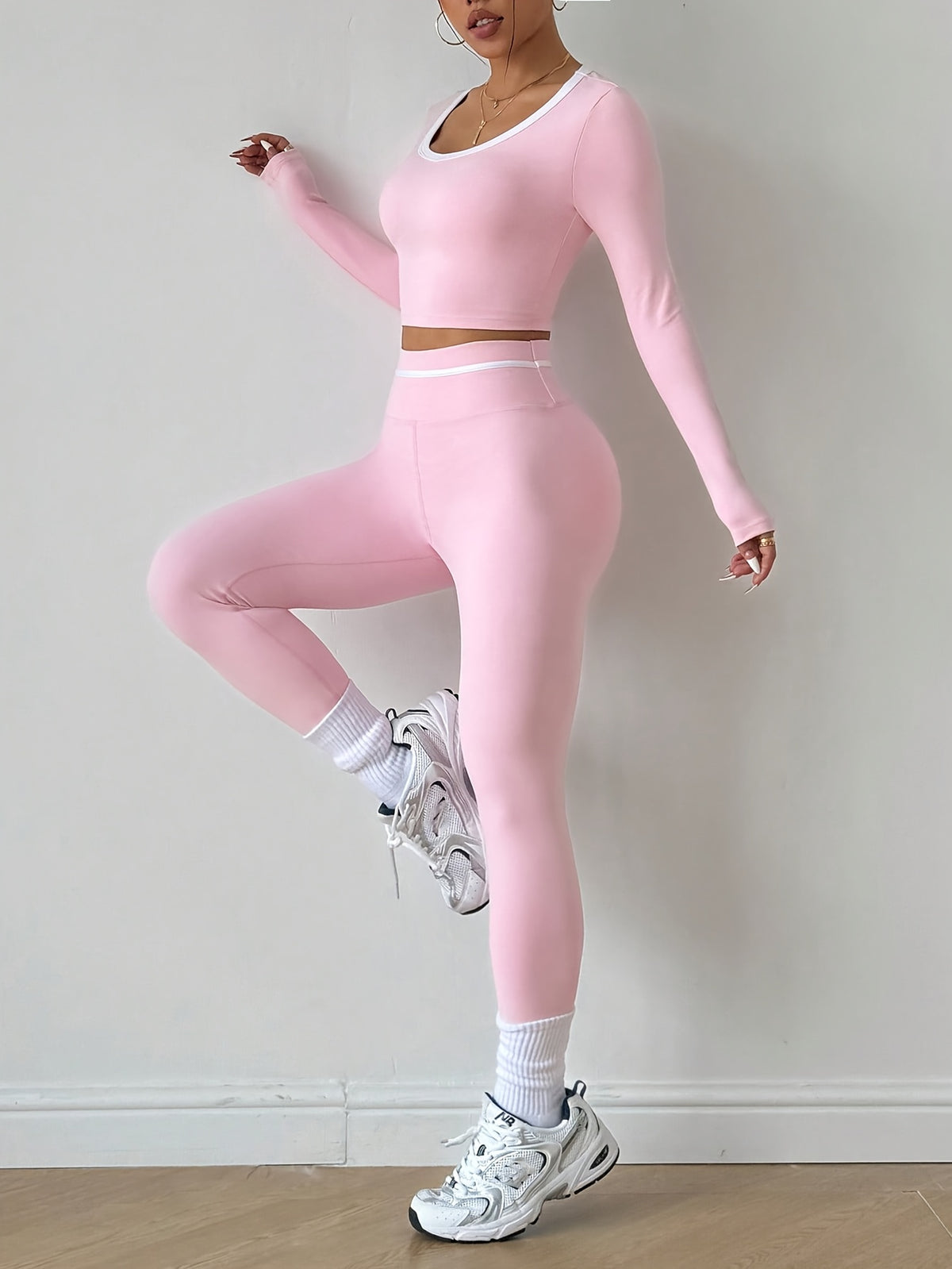 Long Sleeve Crop Top & Lifting Leggings Set - Pink