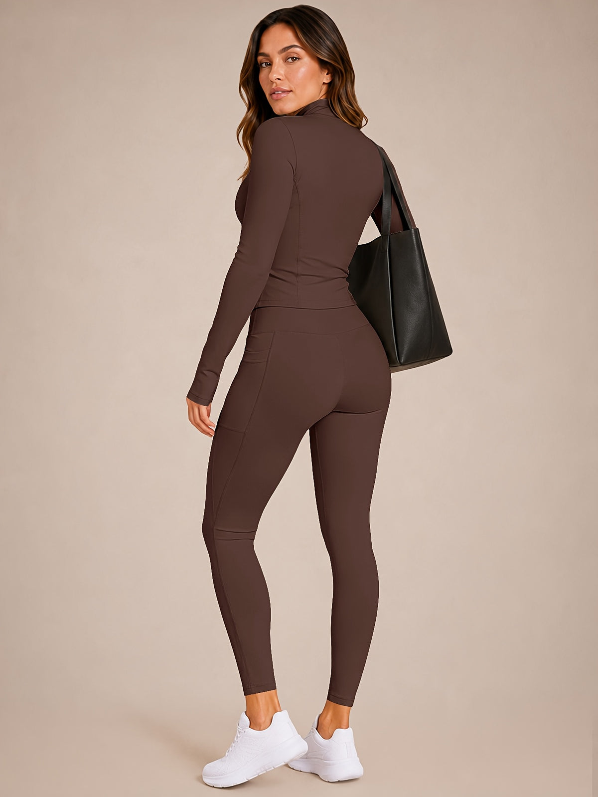 Stand Collar Jacket & Leggings Set - Brown