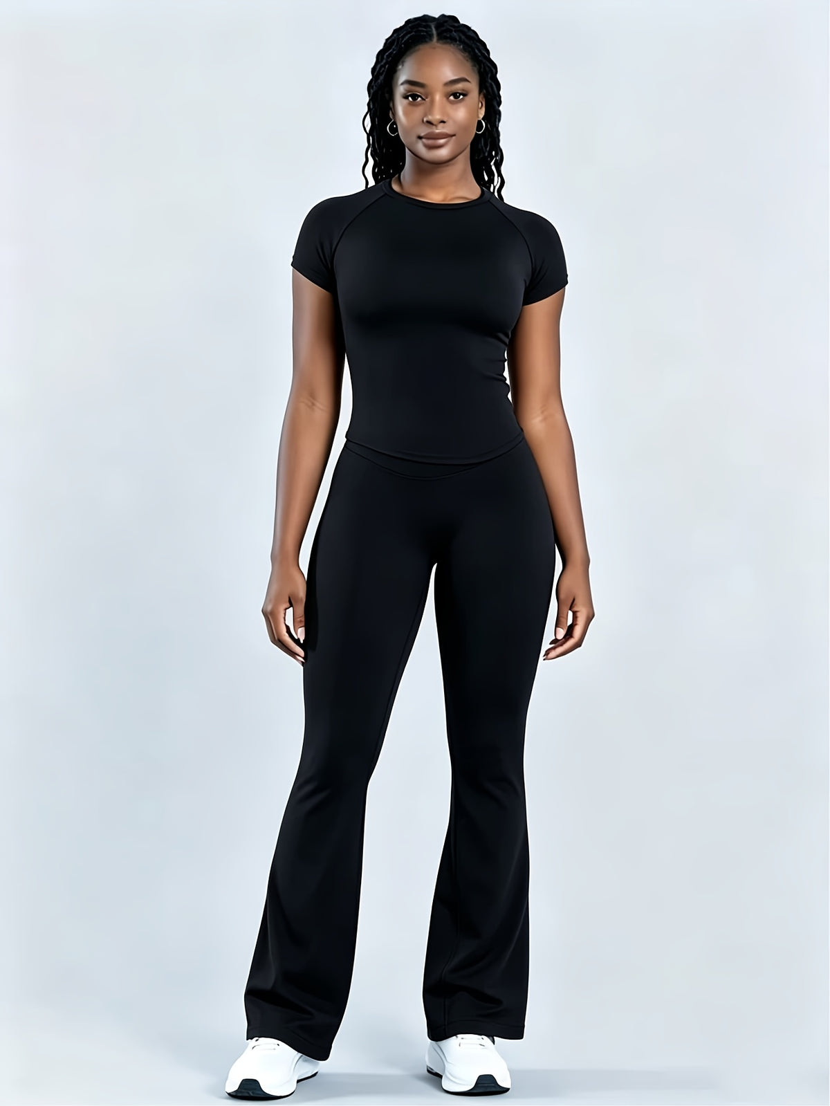 Short Sleeve Tee & Bell Bottom Pants Set - Black