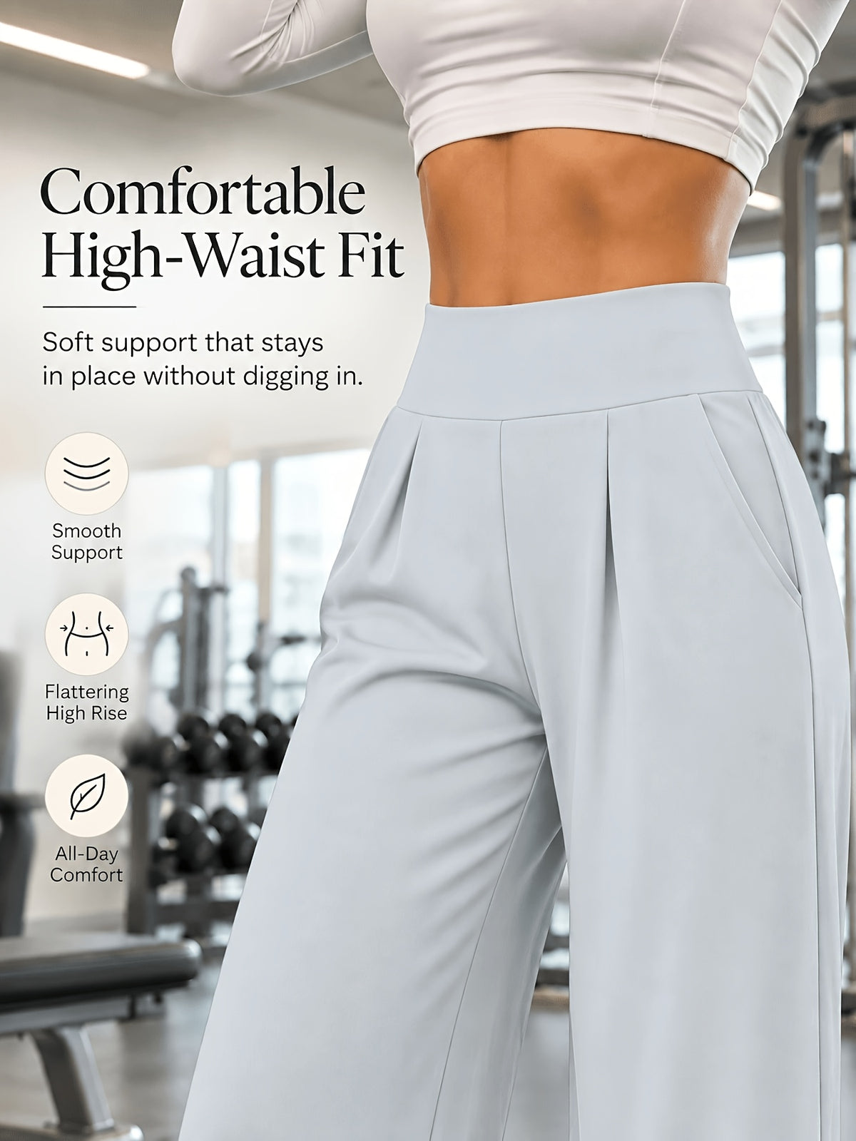 Front Pleat Straight Leg Yoga Pants - Light Grey