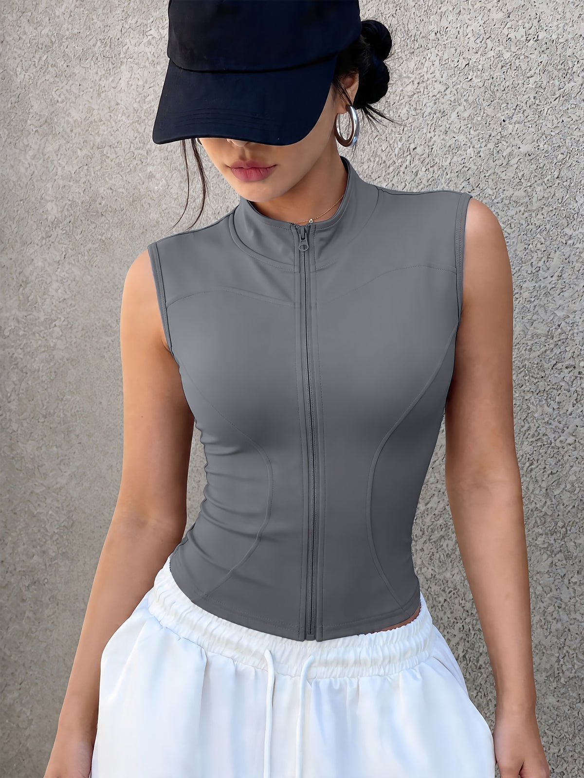 Zip Front Stand Collar Sleeveless Vest - Grey