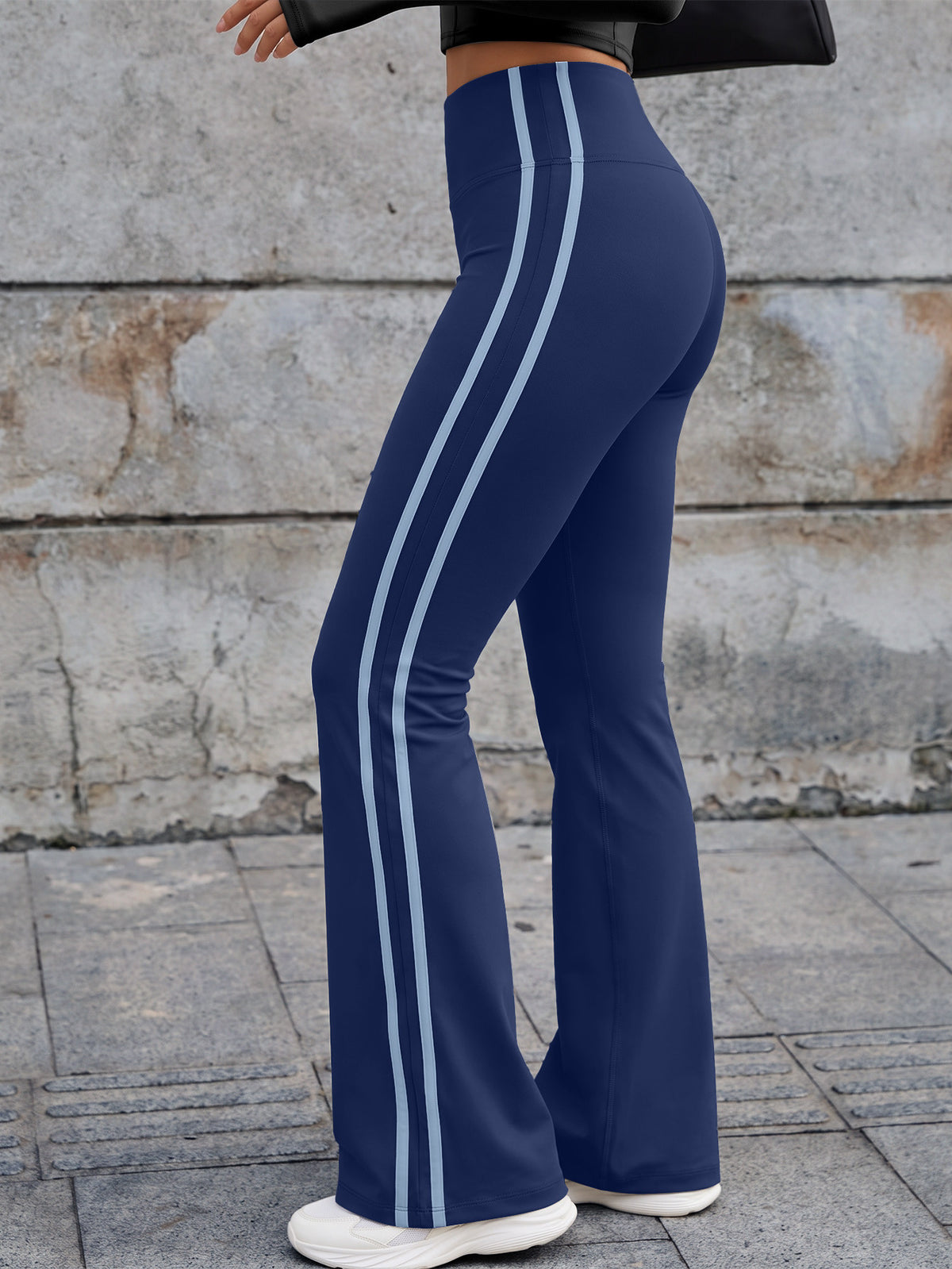 Vertical Stripe High Waist Flare Pants - Navy