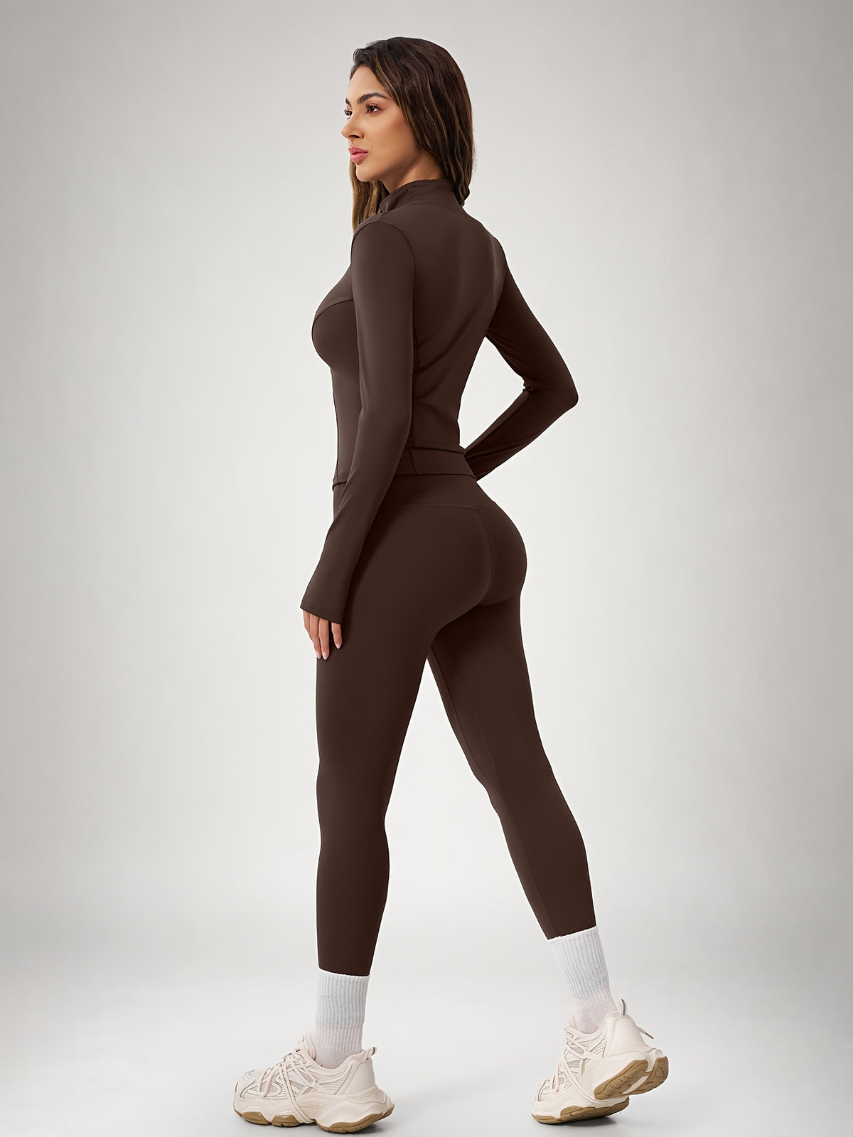 Thumbhole Cropped Zip Jacket & Leggings Set - Espresso
