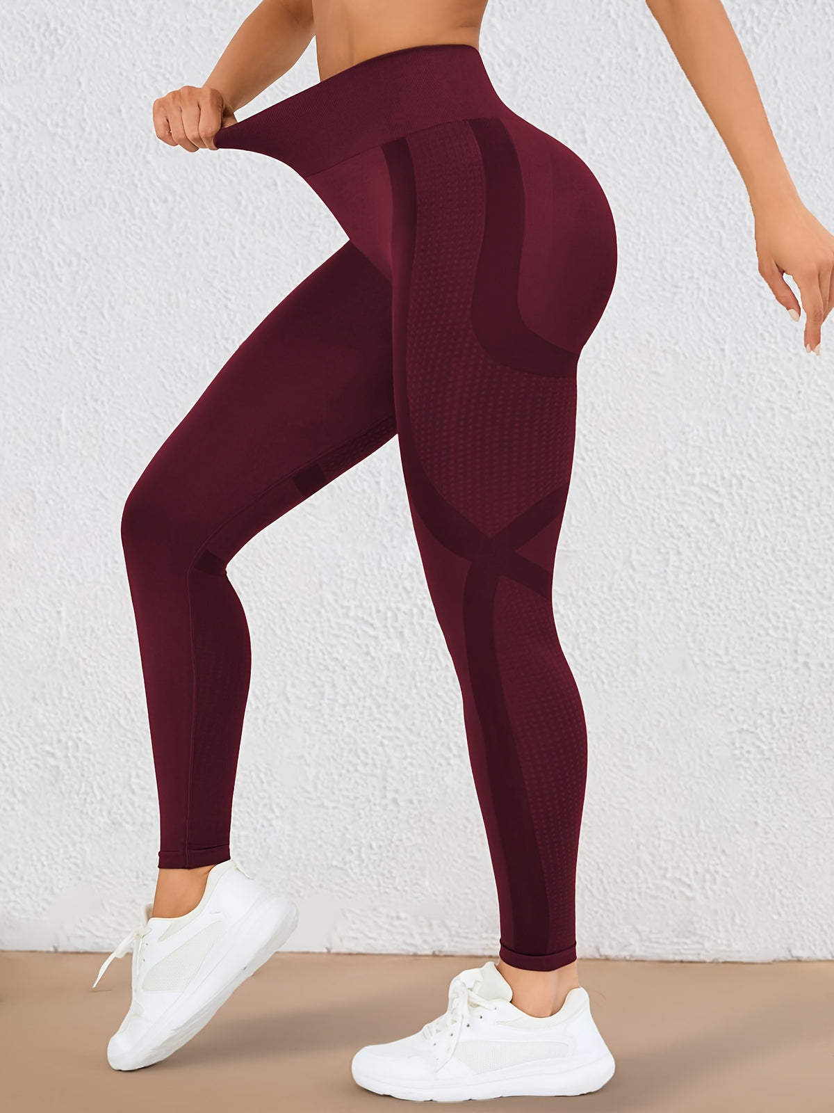 Wide Waistband Lifting Leggings - Burgundy