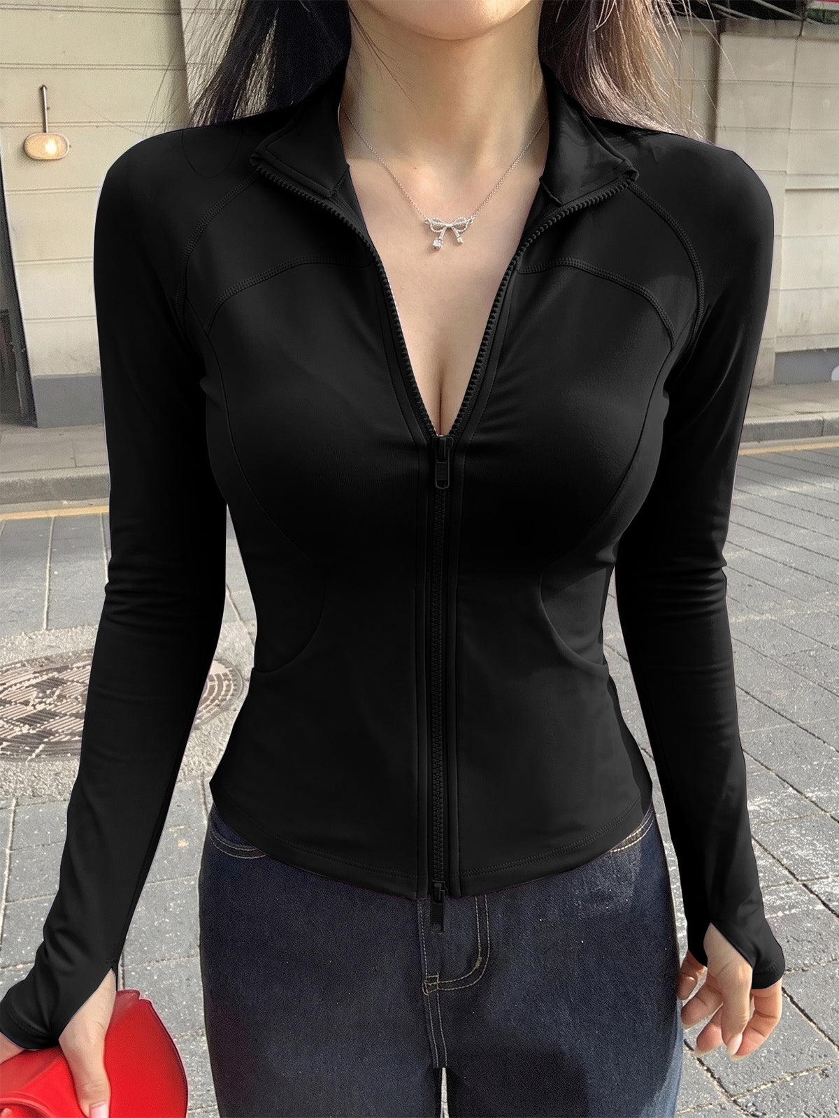 Double Zip Thumb Loop Fitted Jacket - Black