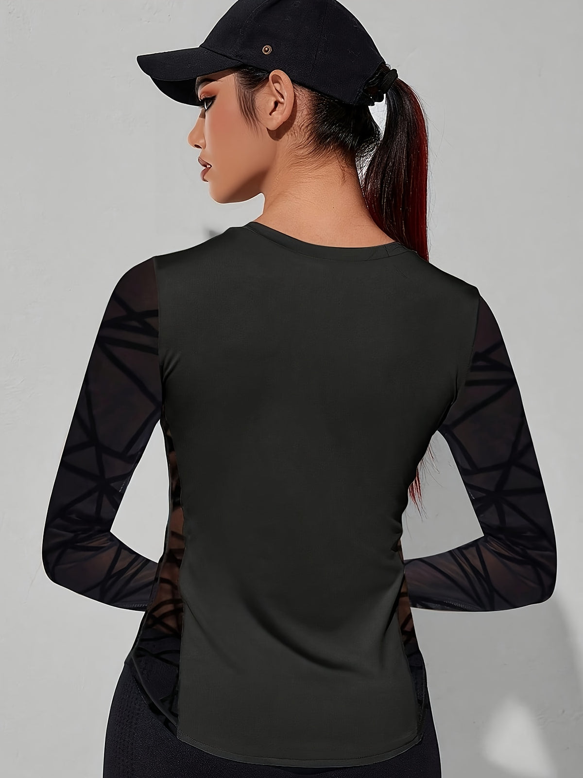Flocked Mesh Patchwork Long Sleeve Tee - Black
