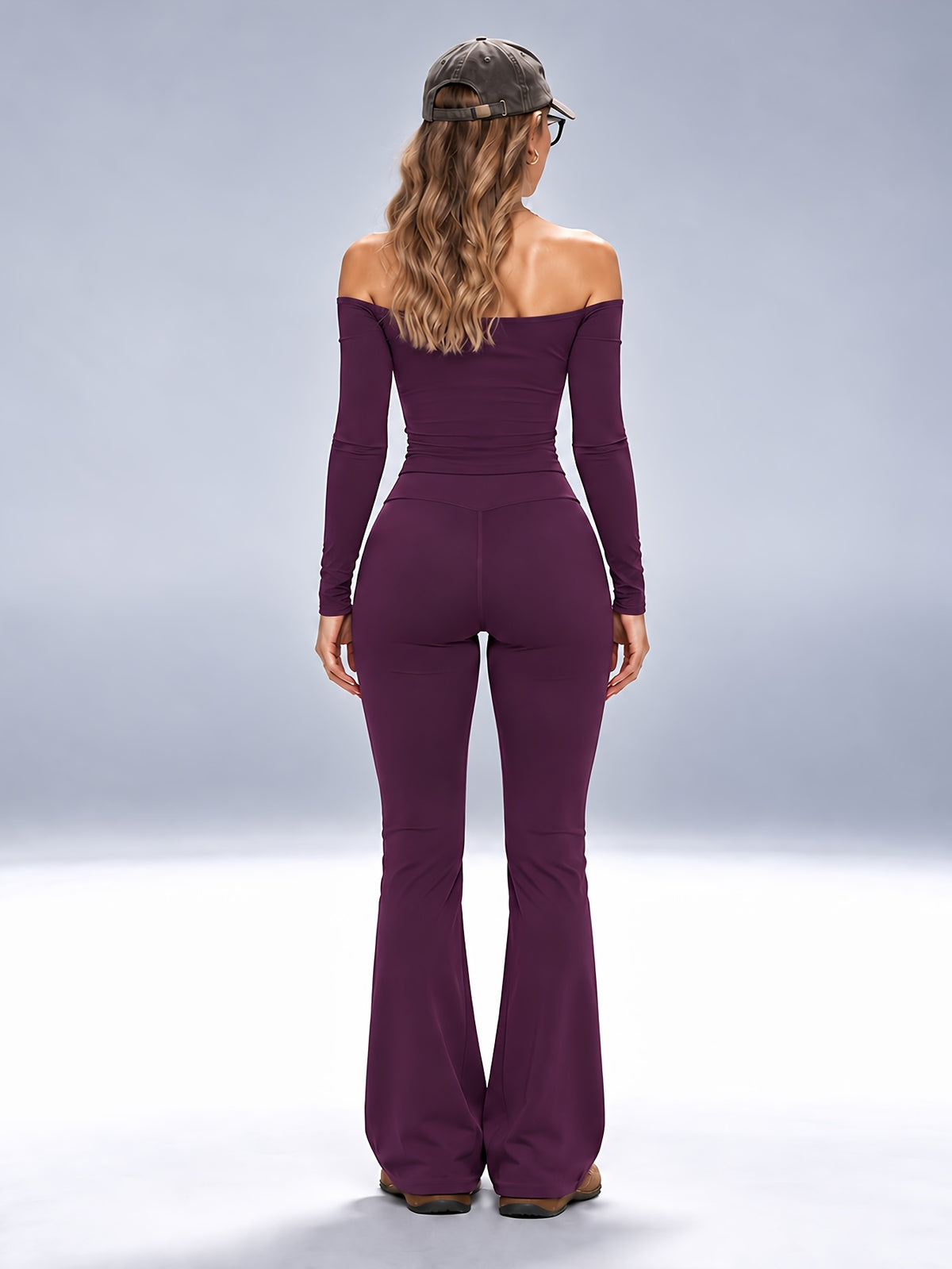 One-Shoulder Long Sleeve & Flare Pants Set - Plum Purple