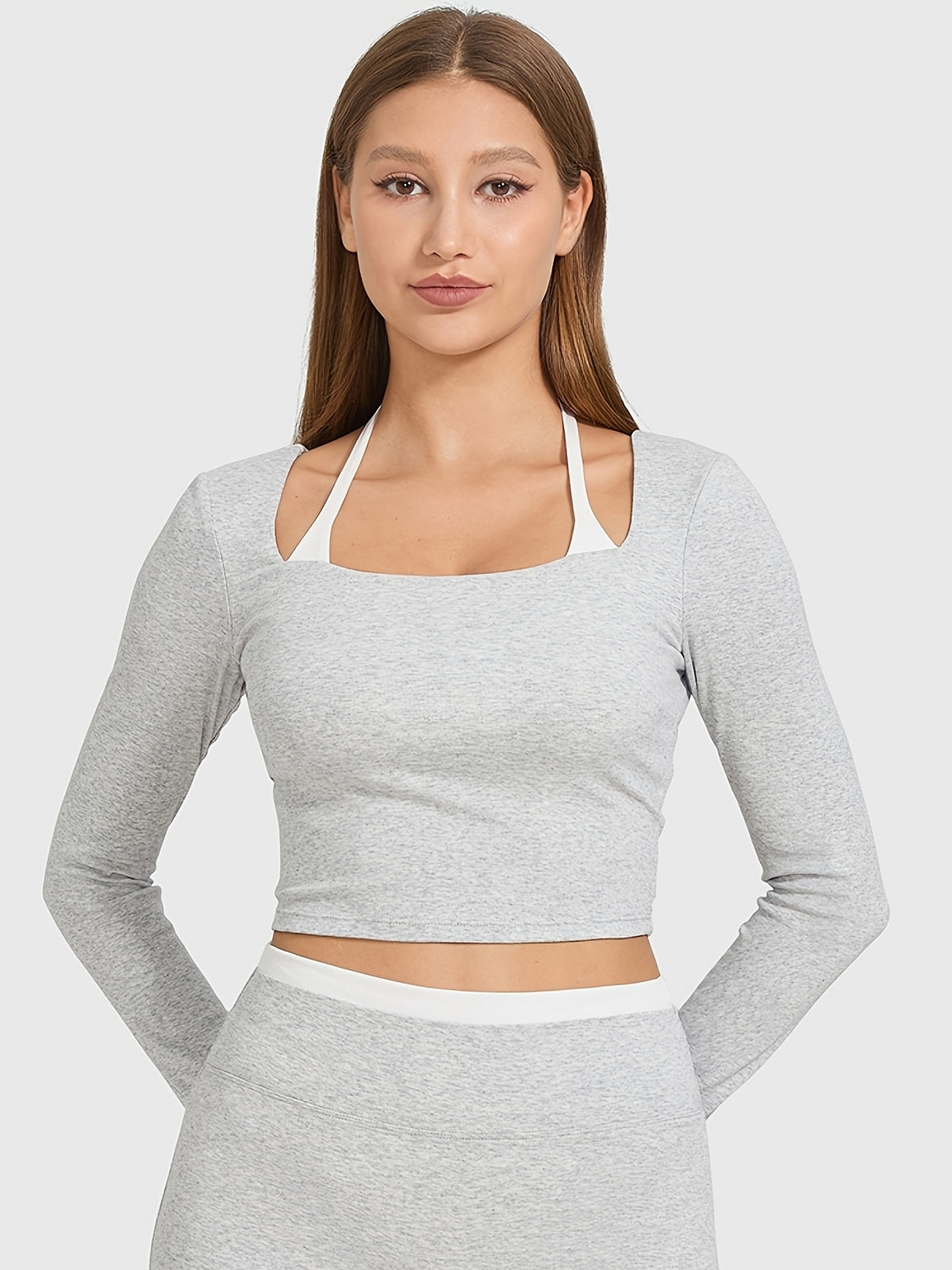 Open Neck Long Sleeve Yoga Top - Light Grey