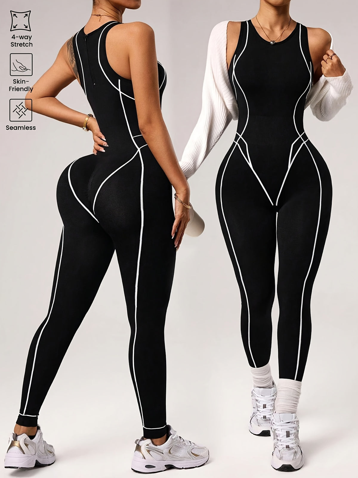 Back Zip Contour Line Jumpsuit - Black