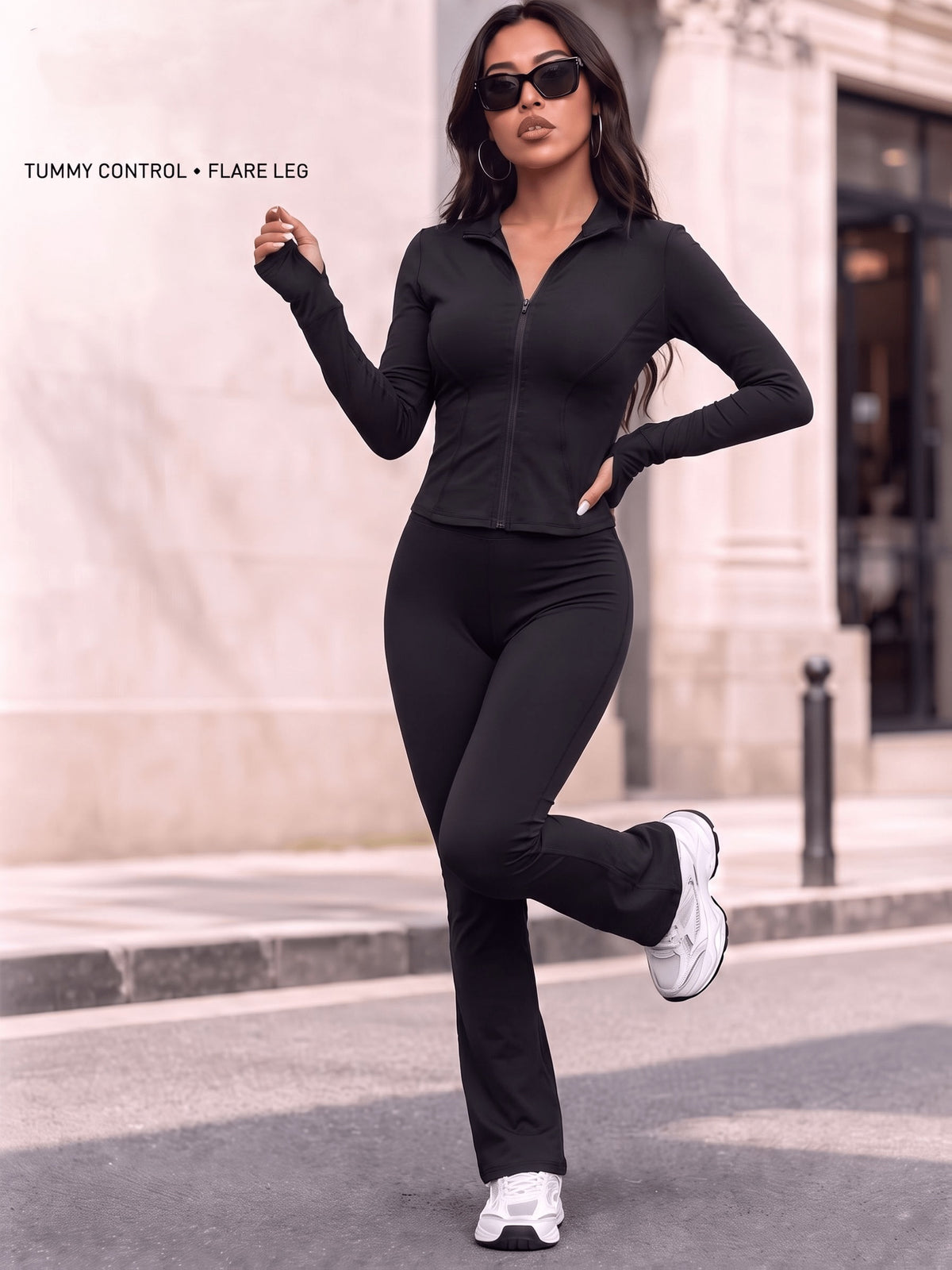 Thumbhole Zip Jacket & Flare Pants Set - Black