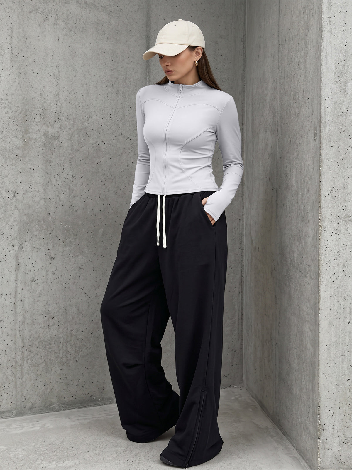 Thumbhole Stand Collar Zip Jacket - White