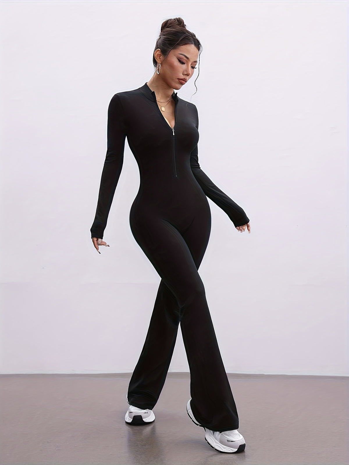 Zip Front Long Sleeve Flare Jumpsuit - Black