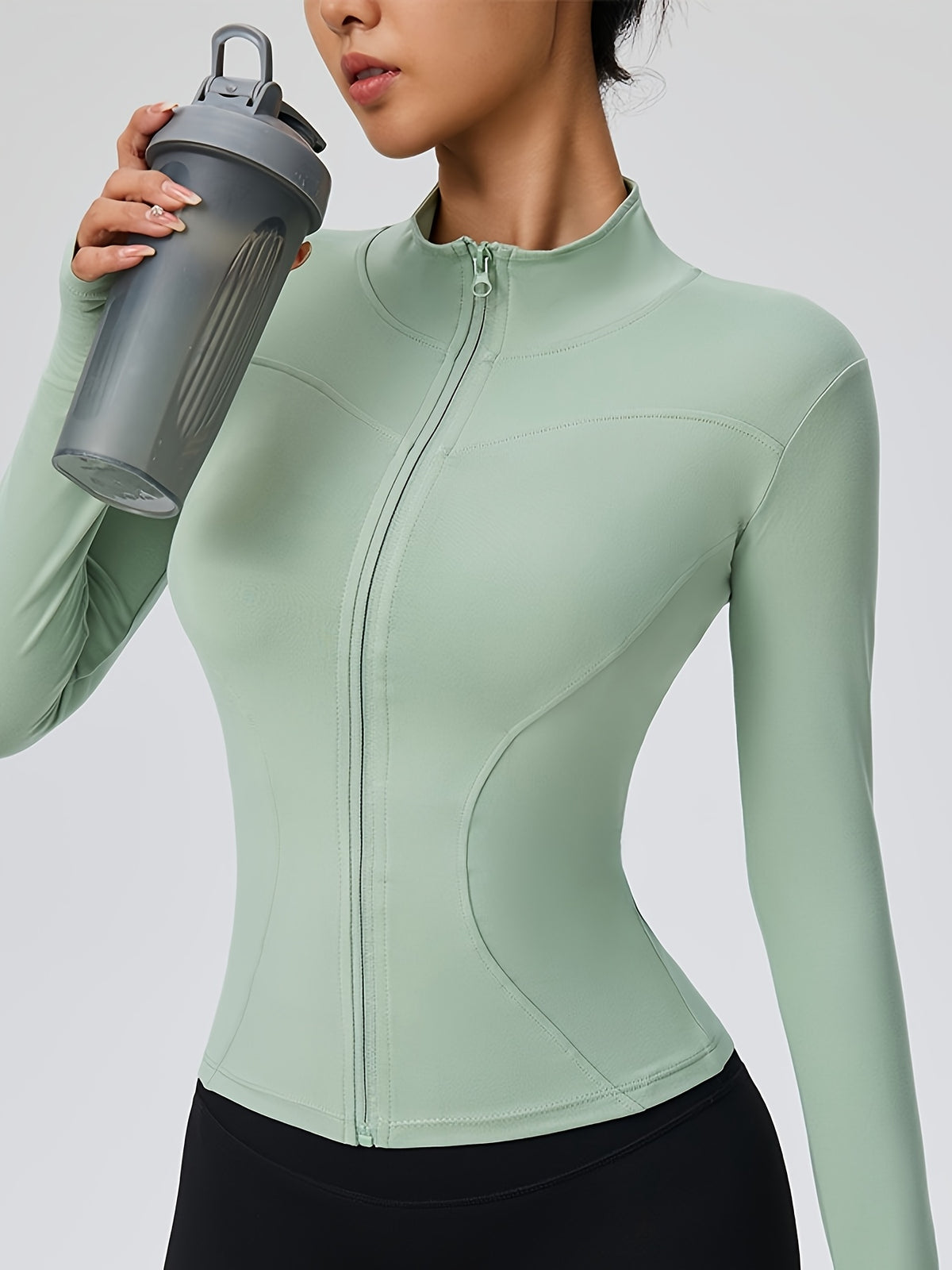 Slim Fit Cropped Zip Running Jacket - Light Green