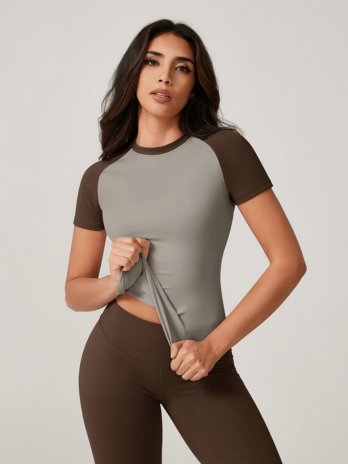 Colour Block Tee & Leggings Set - Coffee & Grey