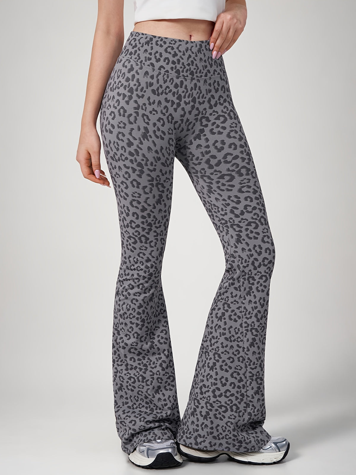 Leopard Print Flare Leggings - Grey