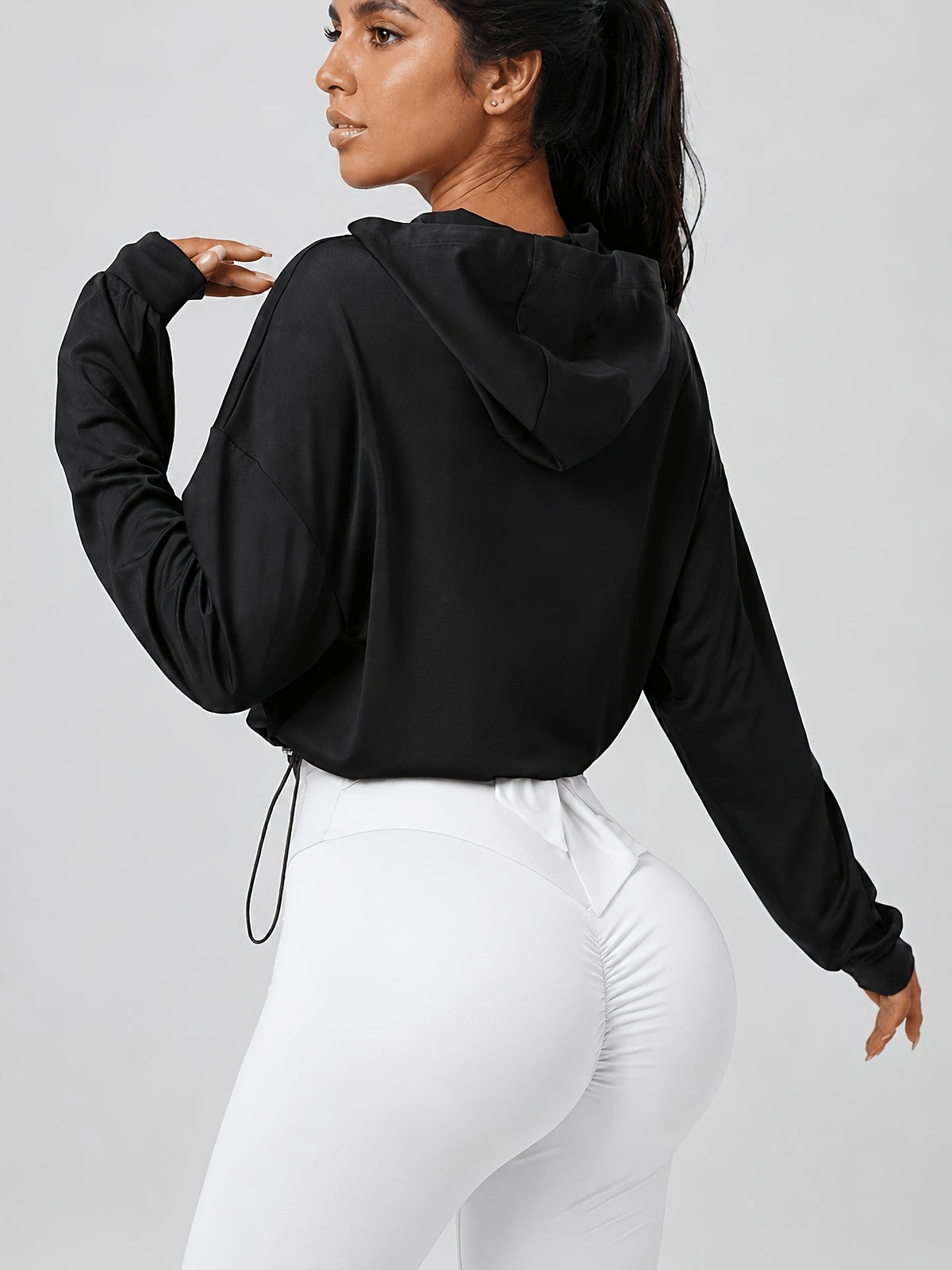 Hooded Drawstring Hem Cropped Jacket - Black
