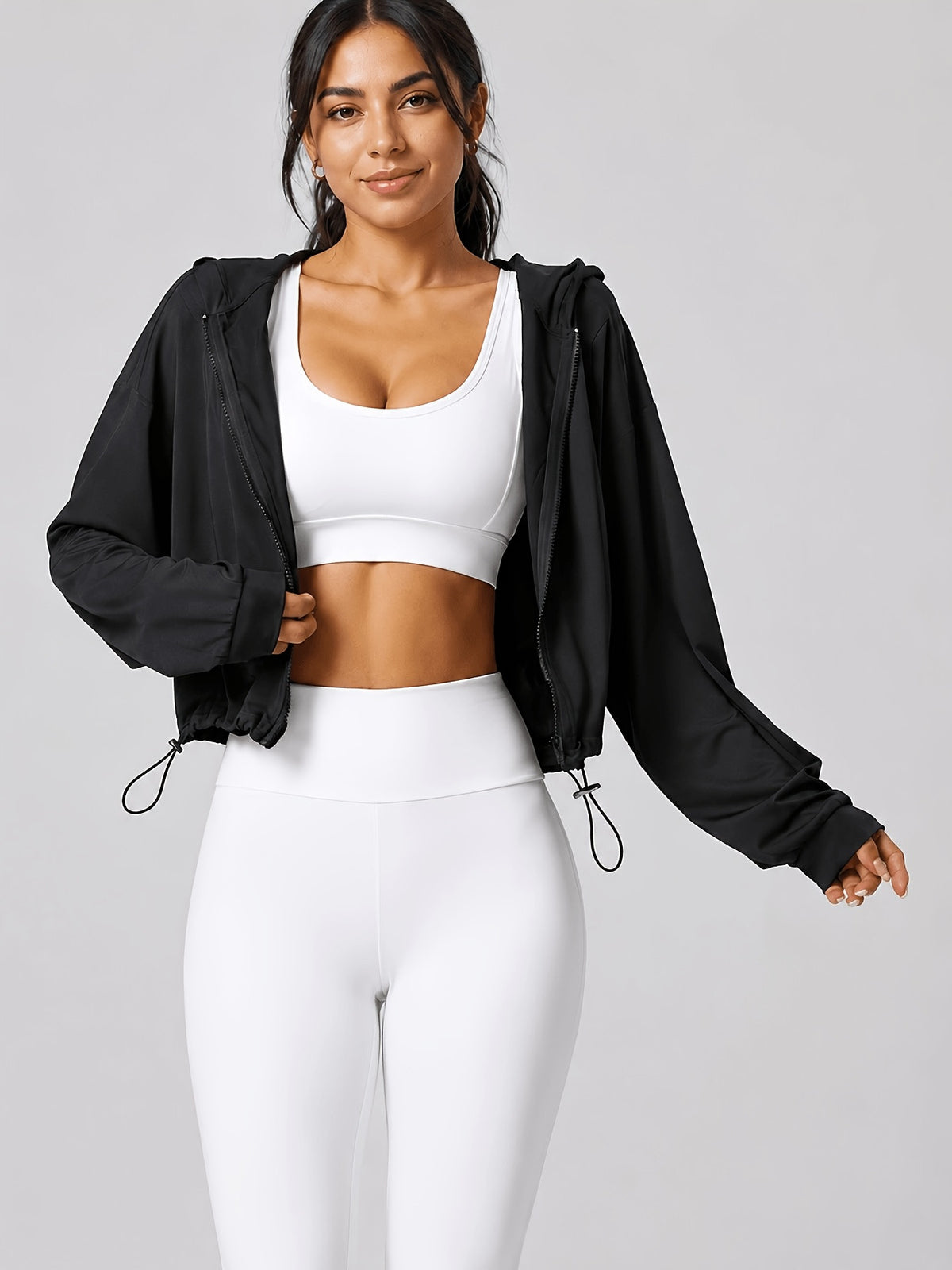 Hooded Drawstring Hem Cropped Jacket - Black