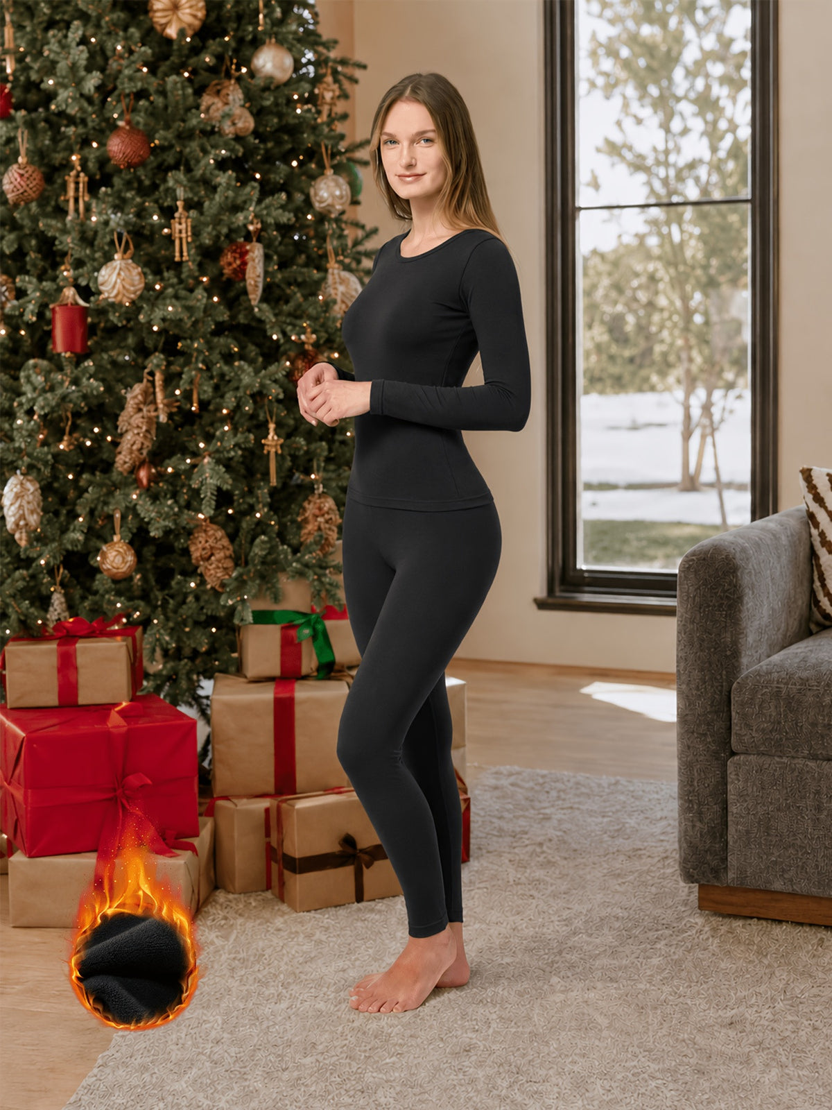 Thermal Base Layer Top & Pants Set - Black