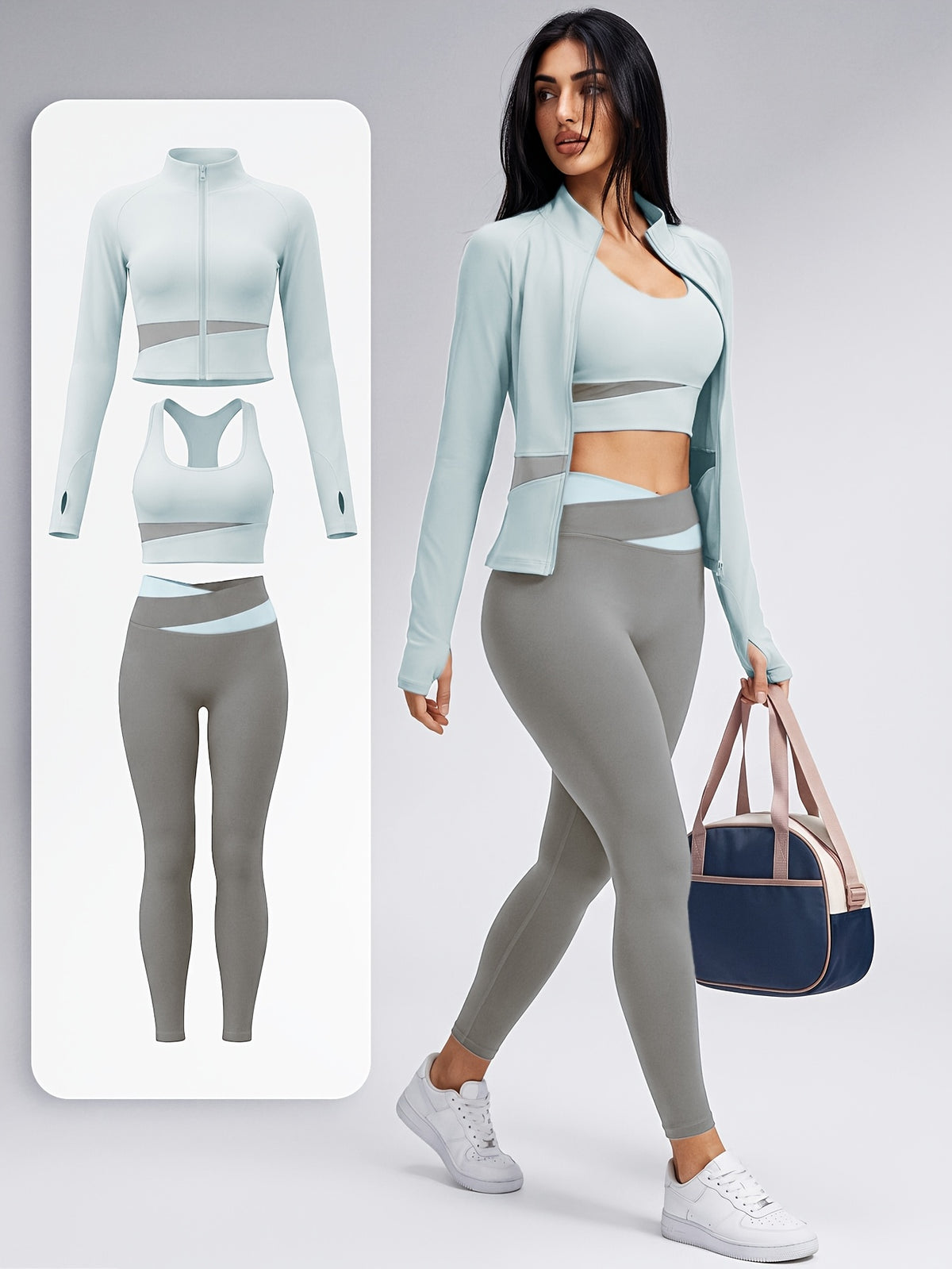 Colour Block Thumbhole Jacket 3 Piece Set - Light Blue & Light Gray