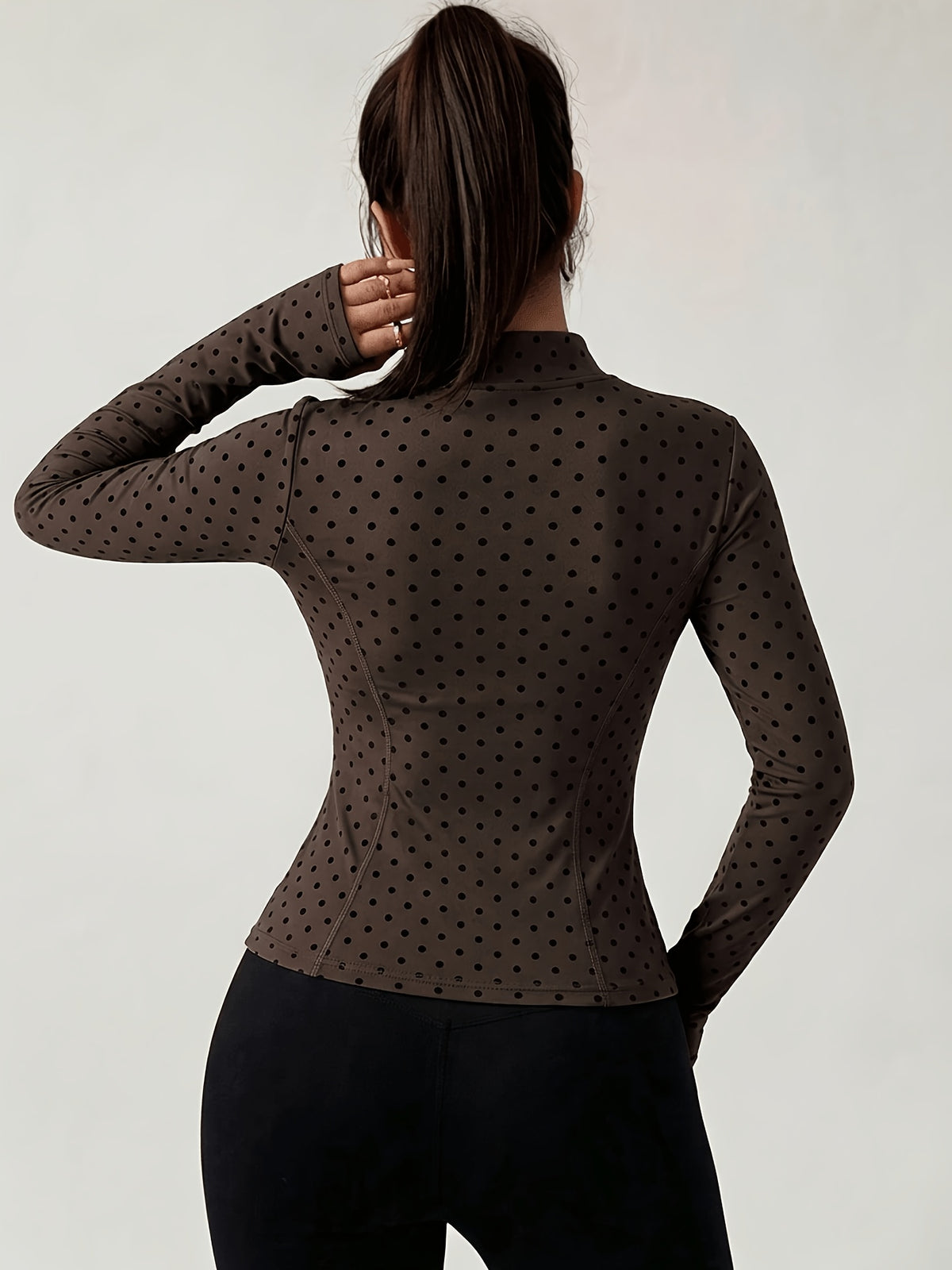 Polka Dot Cropped Thumbhole Jacket - Brown Polka Dot