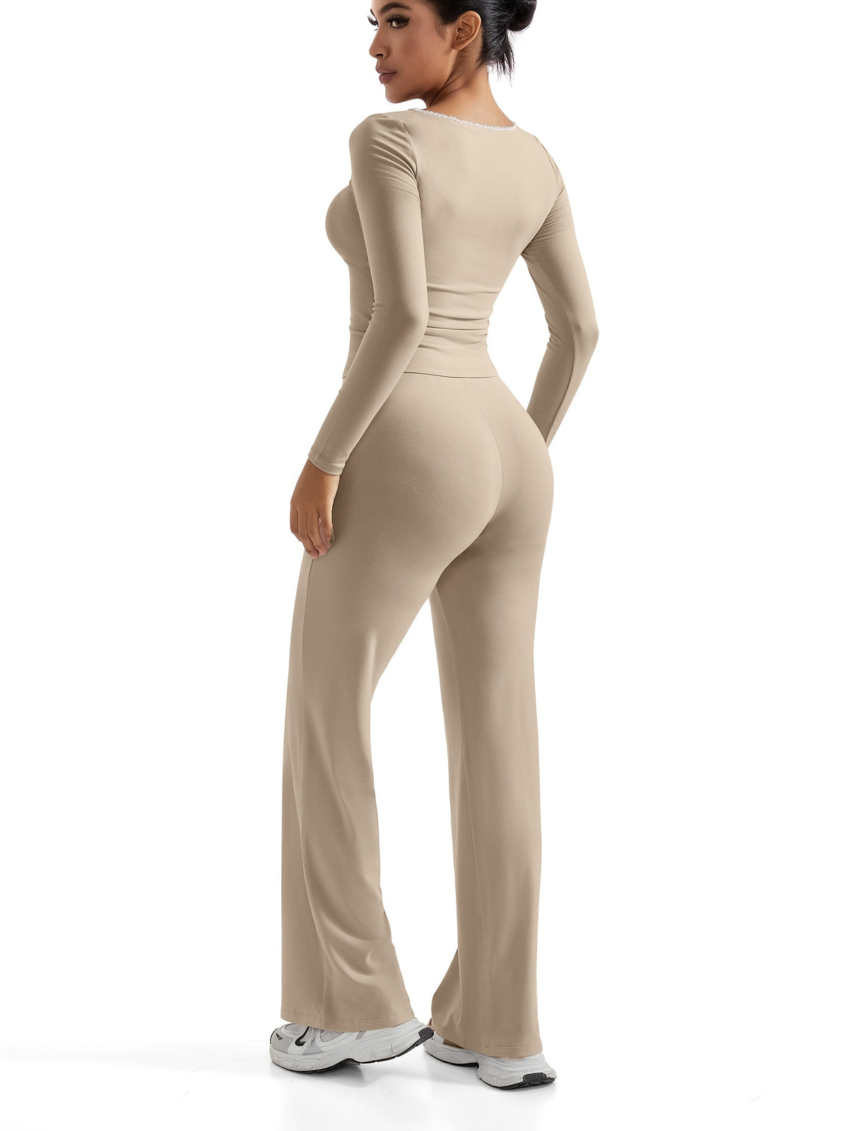 Long Sleeve High Waist Straight Pants Set - Khaki