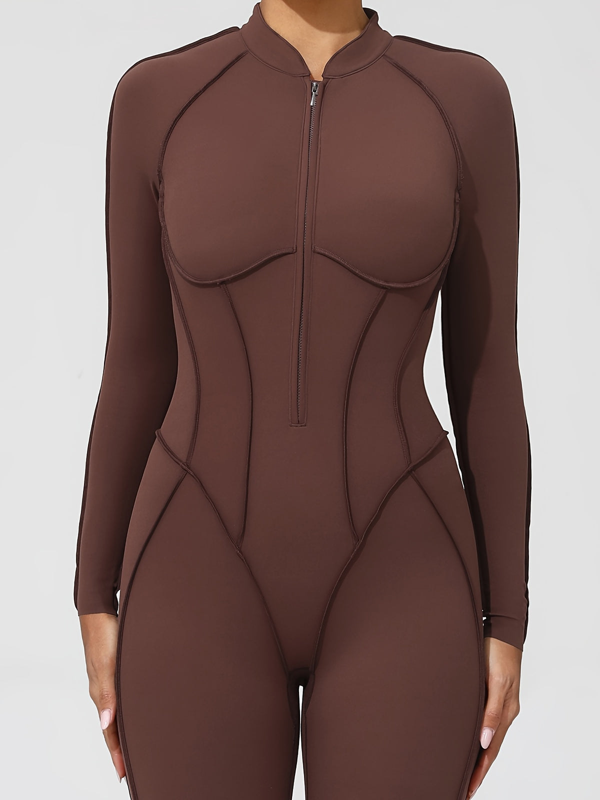 Half Zip Open Back Long Sleeve Jumpsuit - Coffee