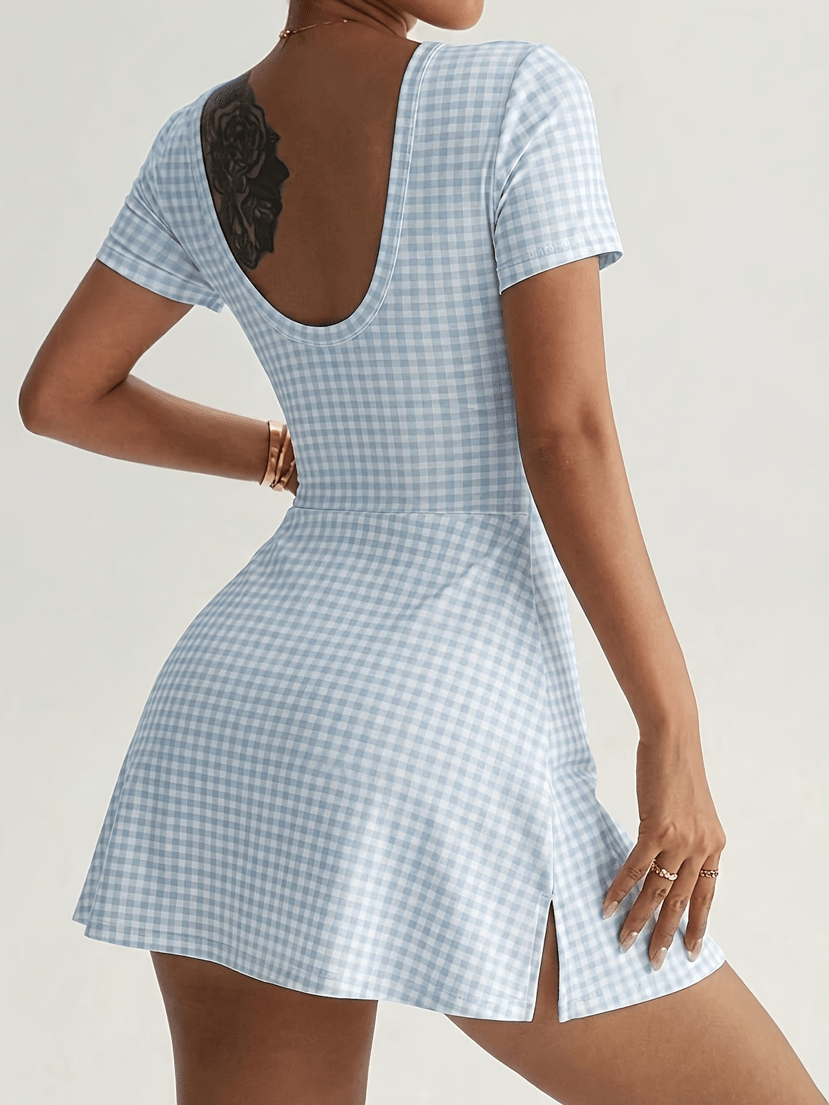 Plaid Bow Back Athletic Dress - Blue Plaid