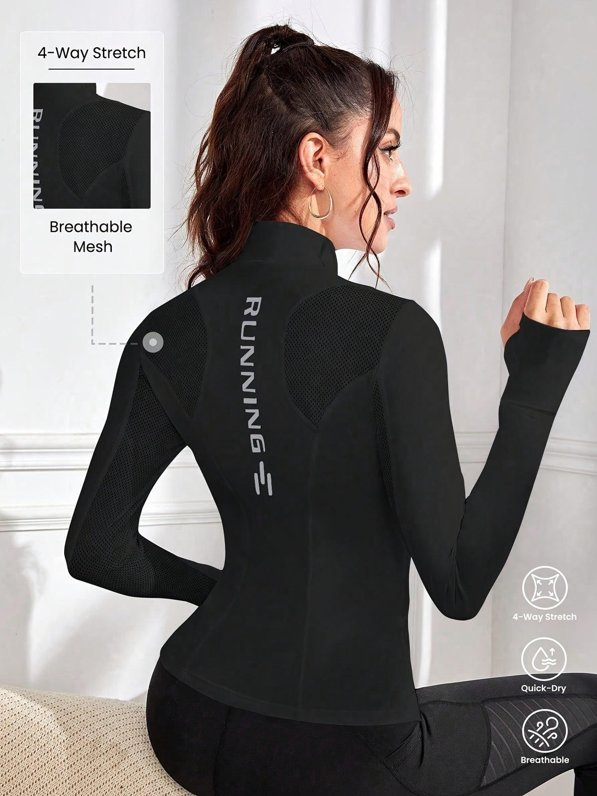 Reflective Letter Mesh Thumbhole Jacket - Black