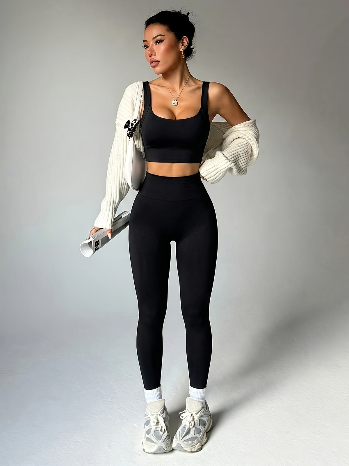 Strappy Halter Bra & Yoga Pants Set - Black