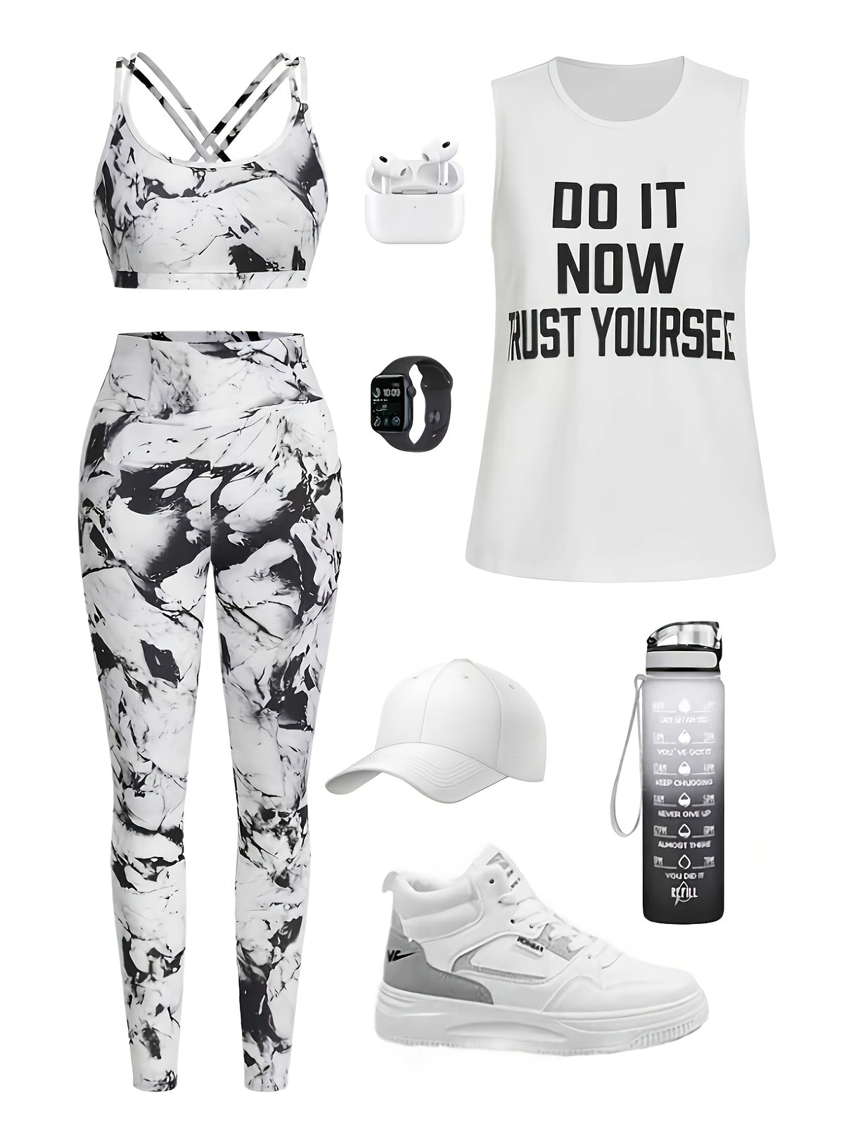 Letter Print Tank, Bra & Shorts 3 Piece Set - White & Grey