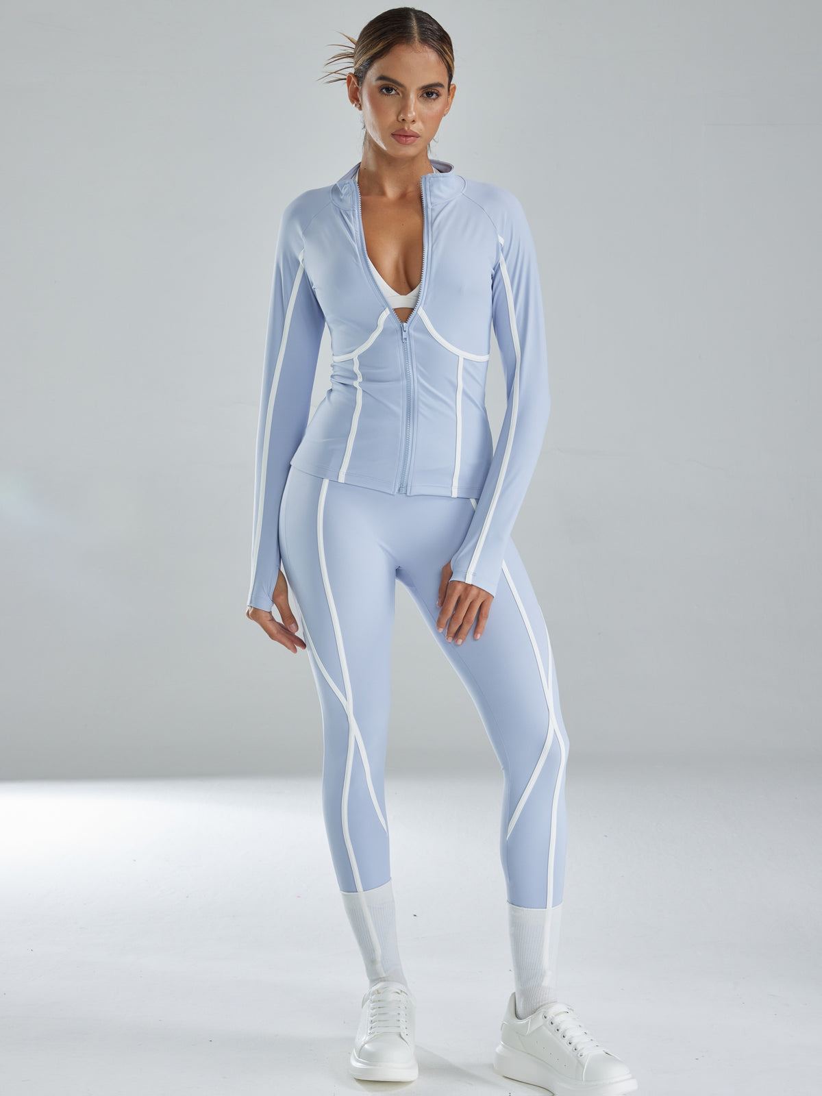 Contrast Piping Zip Jacket & Leggings Set - As Shown