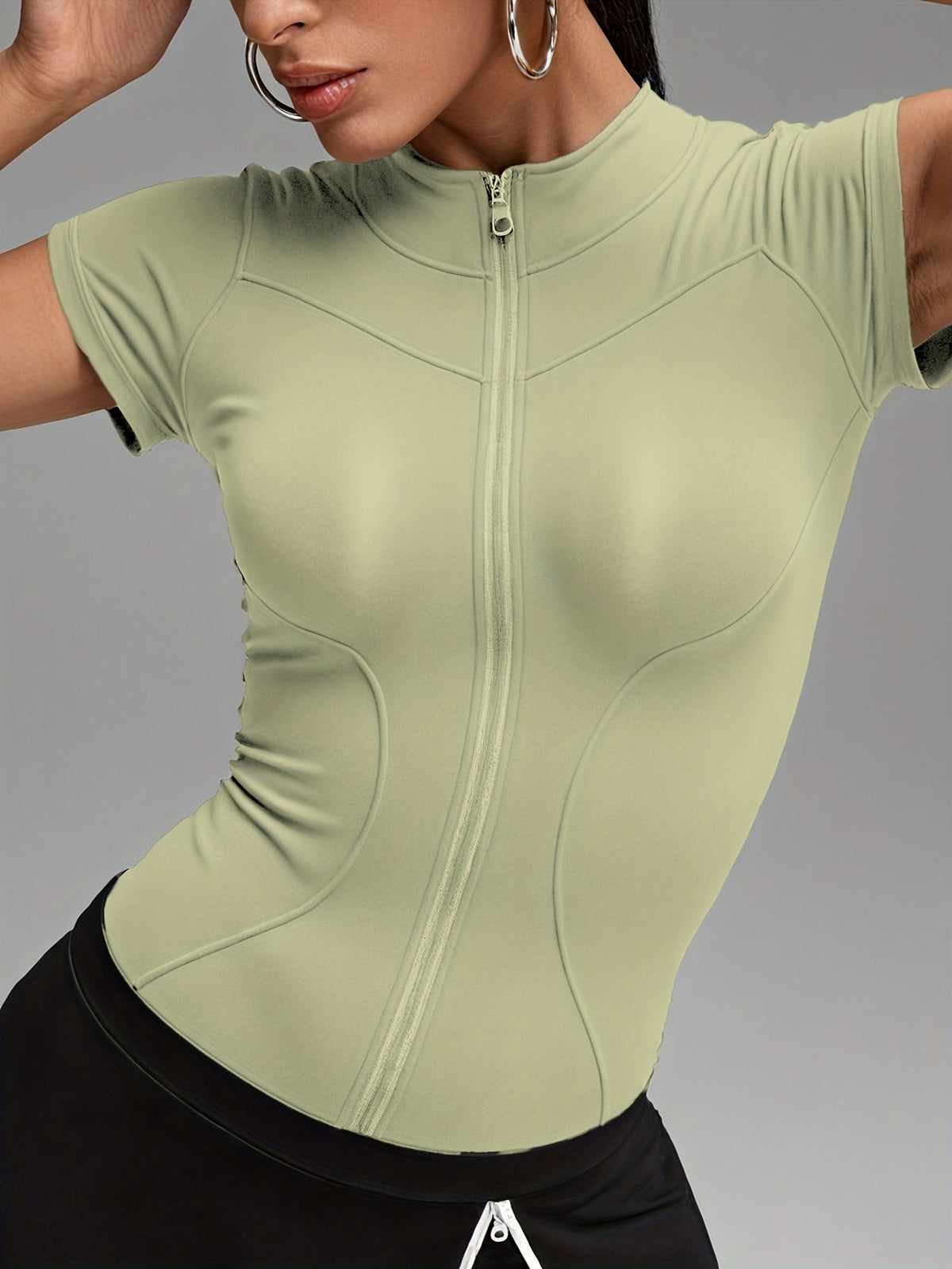 Short Sleeve Cropped Zip Jacket - Sage Green