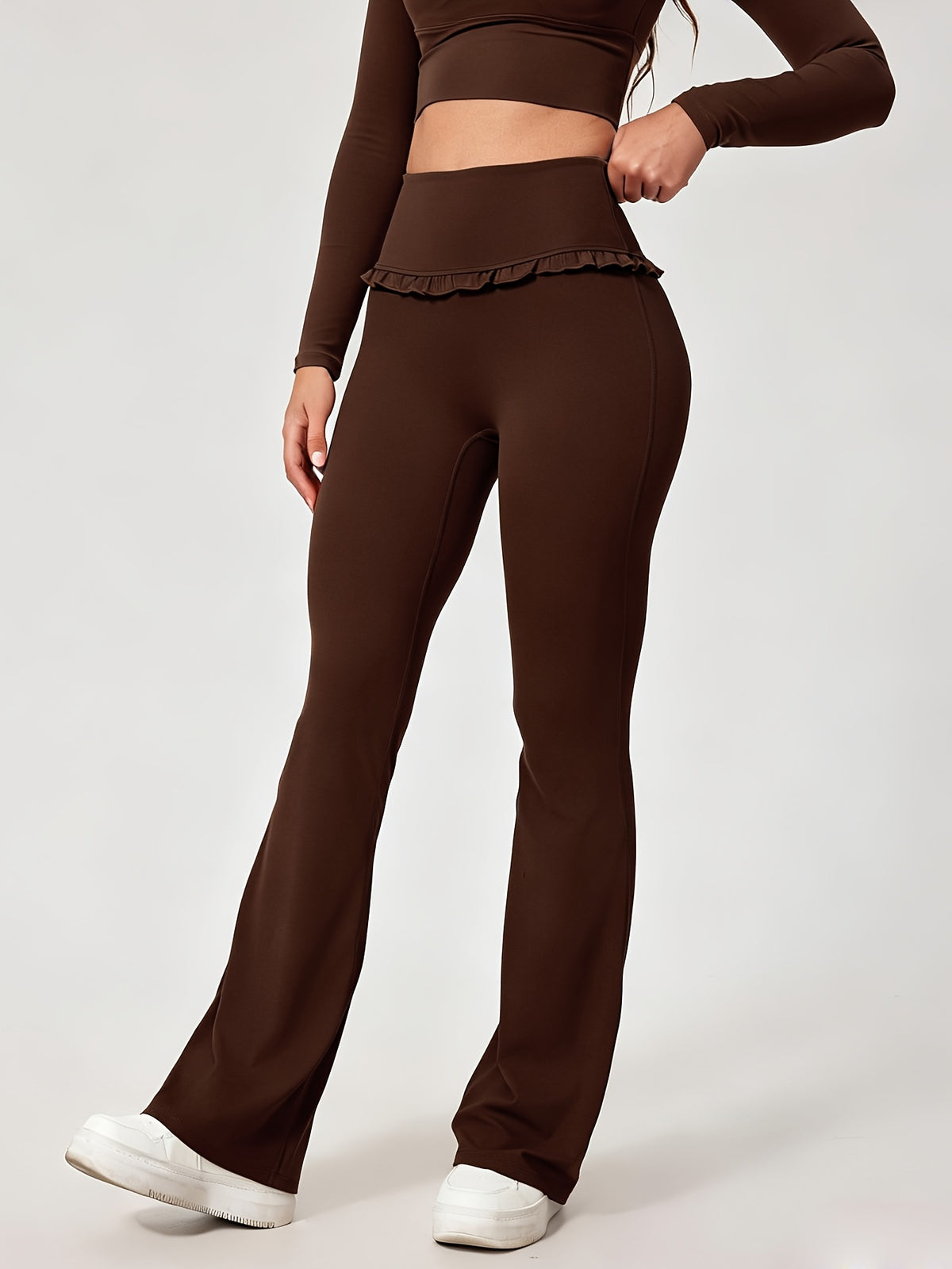 Lace Trim Flare Leggings - Coffee