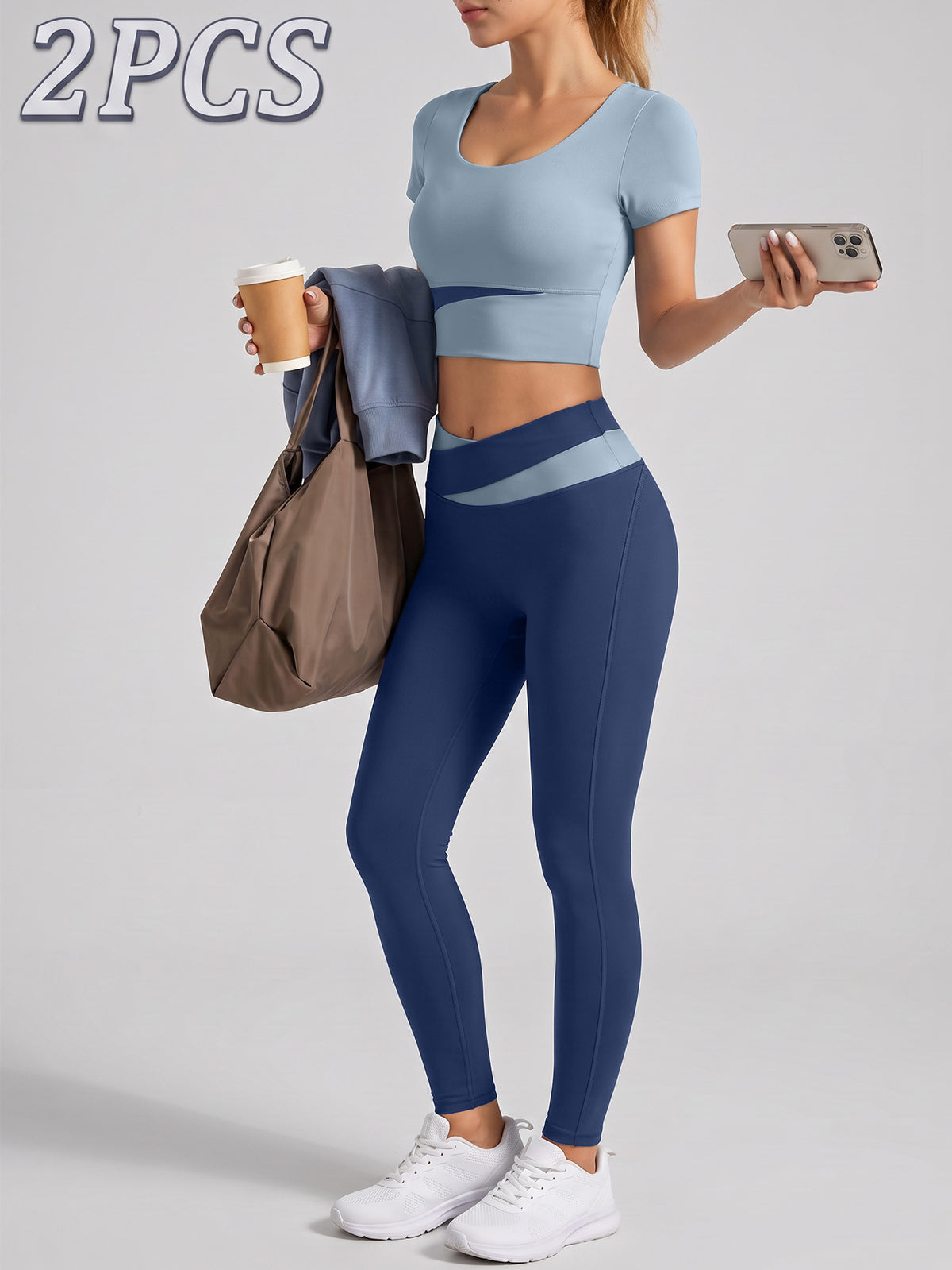 Contrast Tee & High Waist Leggings Set - Lake Blue & Navy Blue