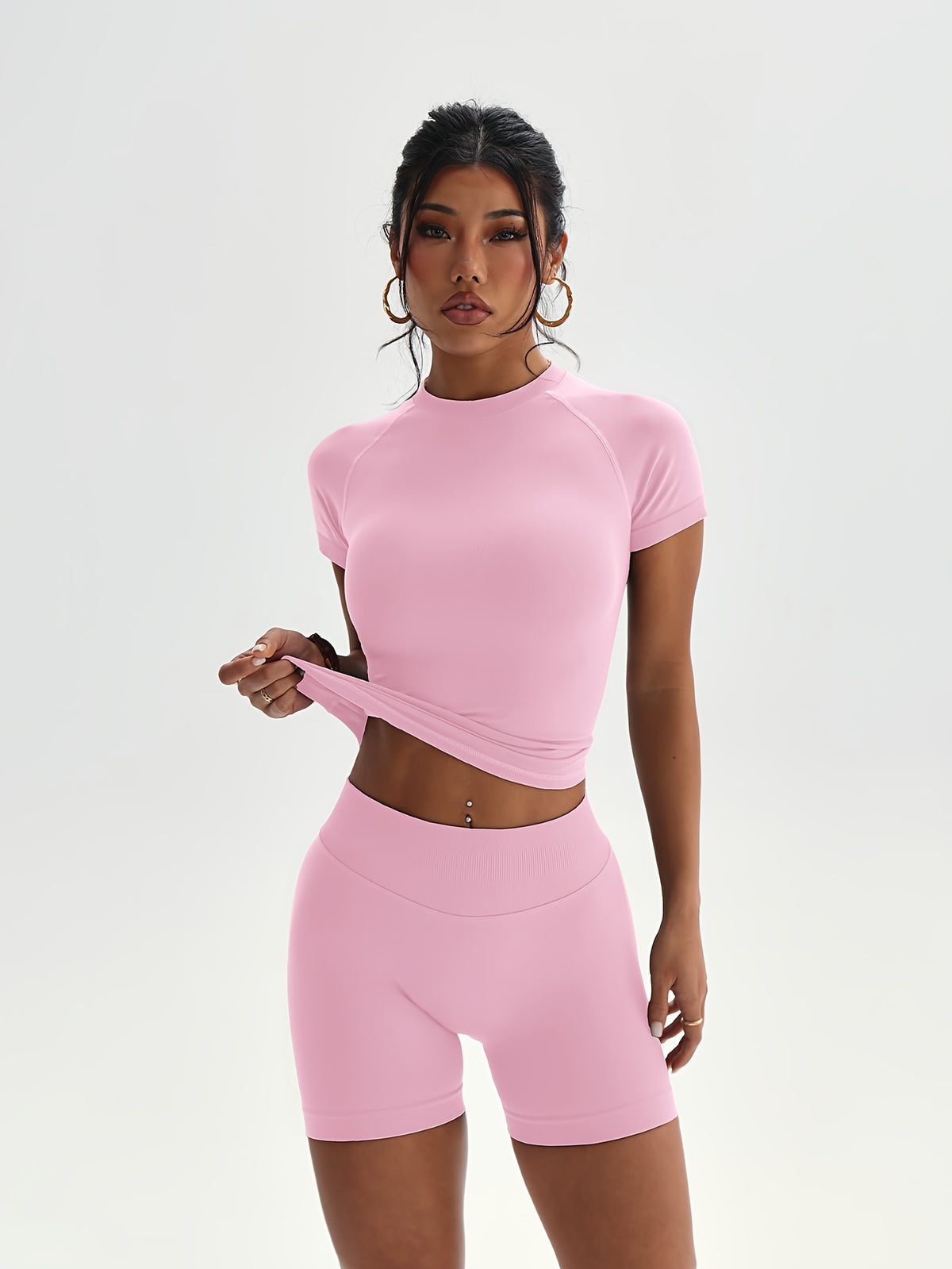 Fitted Short Sleeve Top & Shorts Set - Black