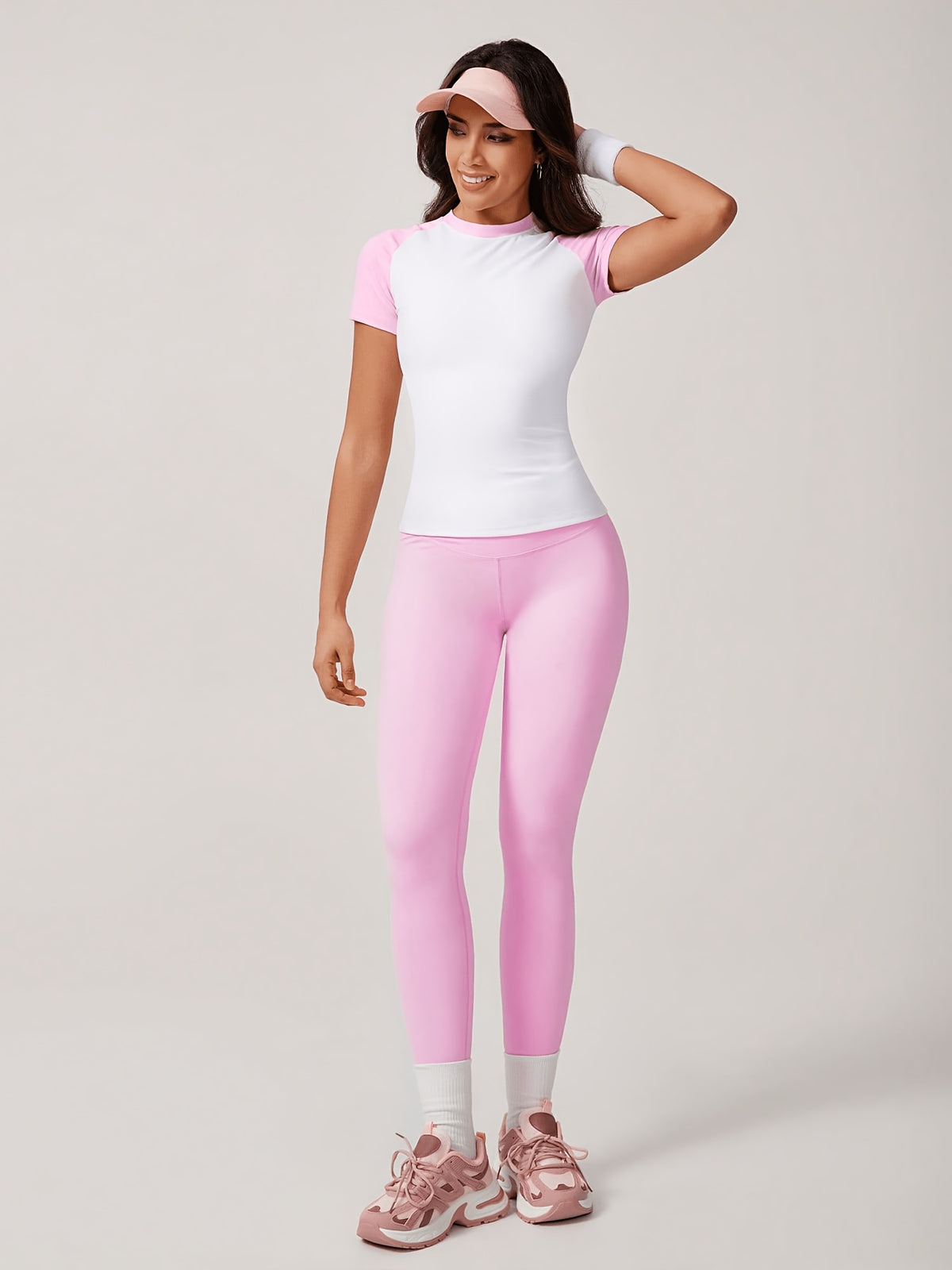 Colour Block Tee & Leggings Set - Pink & White