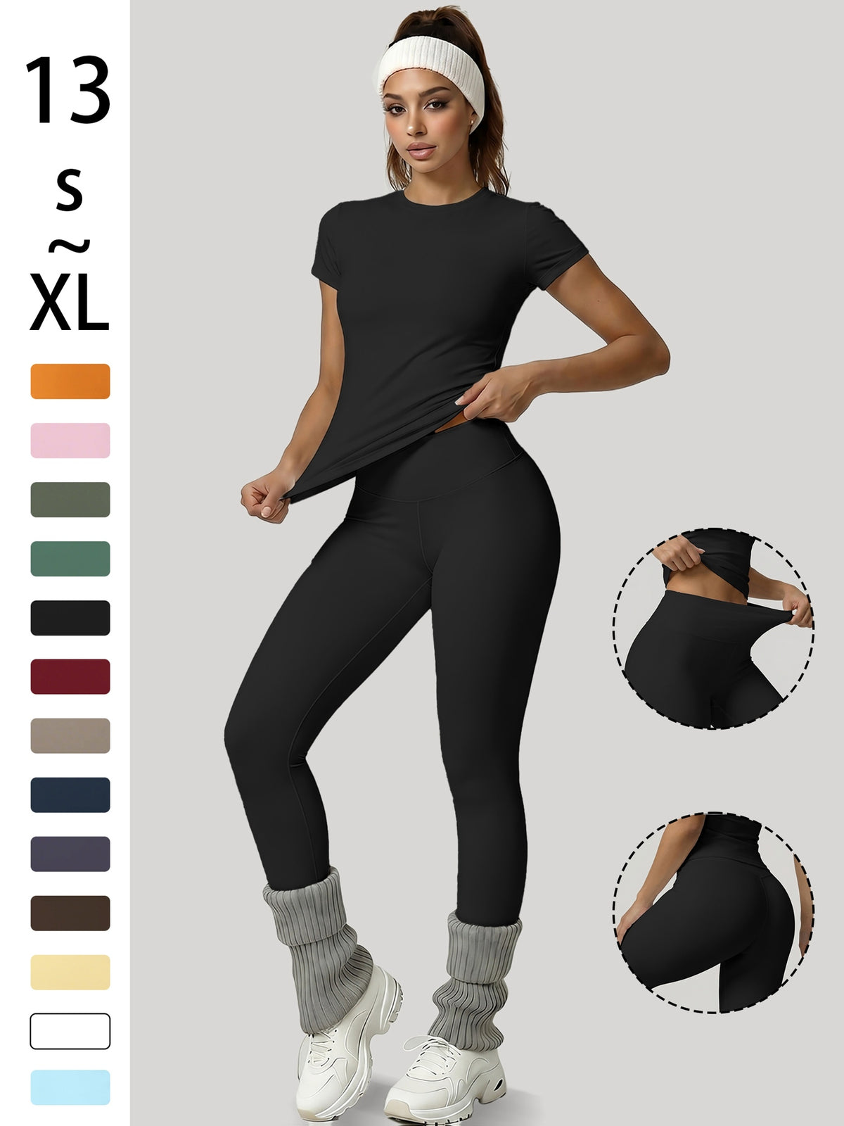 Round Neck Top & Tummy Tuck Leggings Set - Black