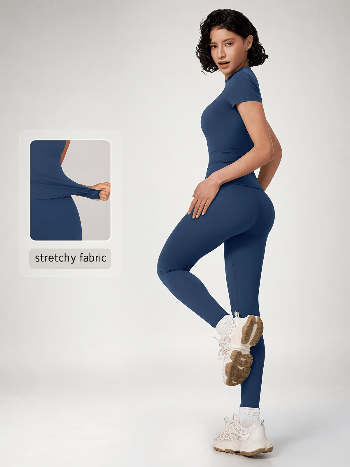 Crew Neck Crop Tee & Leggings Set - Navy