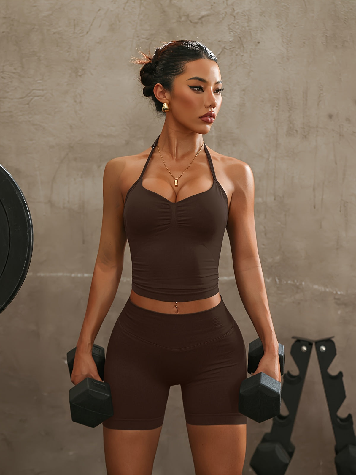 Halter Open Back Vest & Shorts Set - Mocha Brown