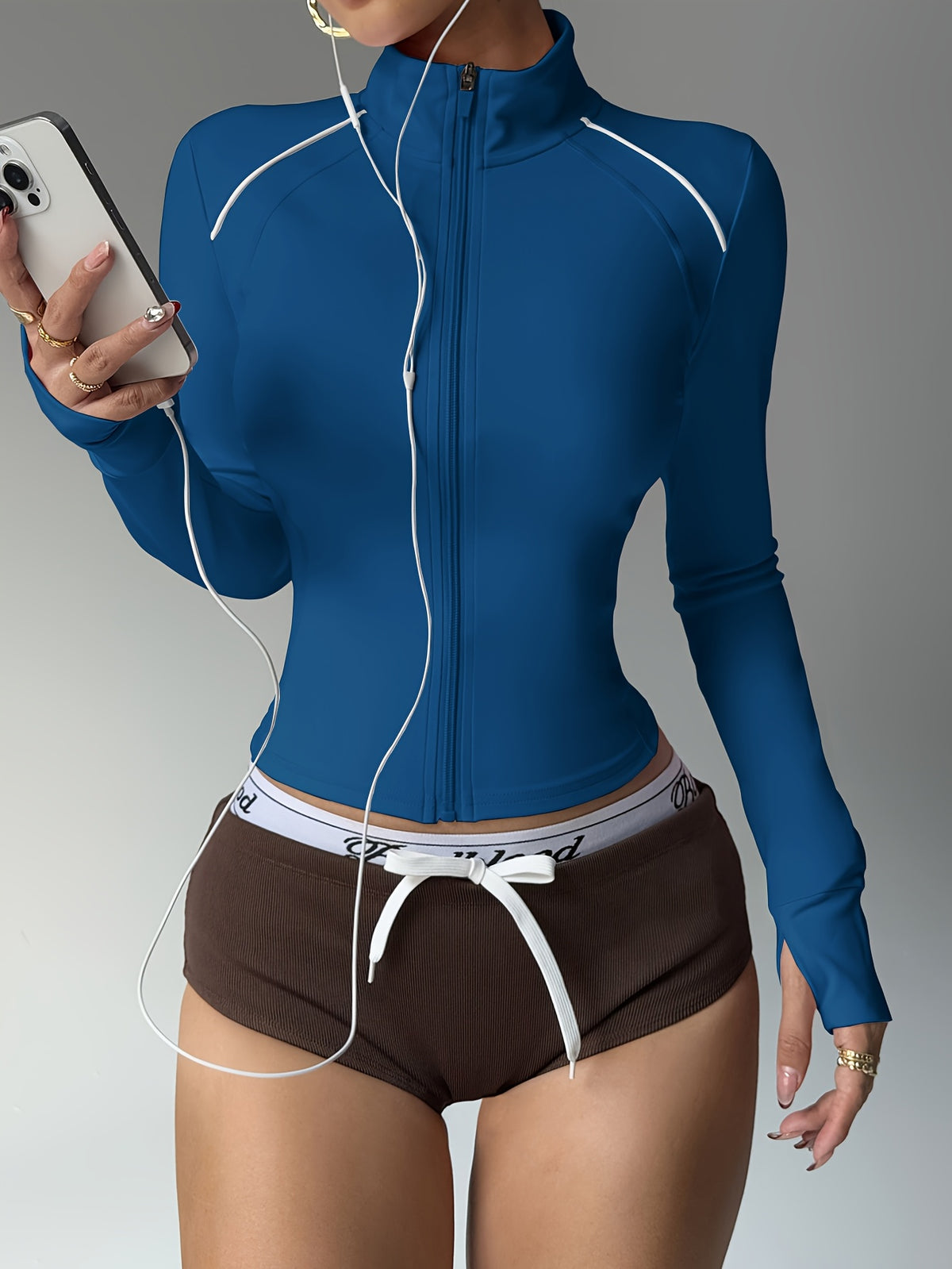 Contrast Stand Collar Zip Jacket - Royal Blue