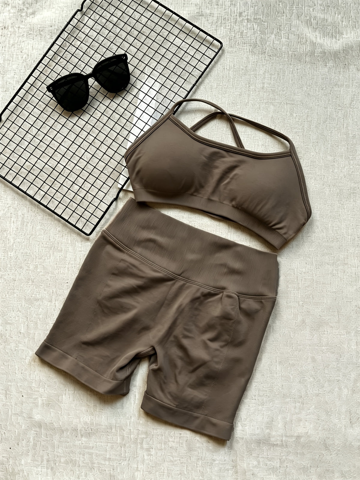 Cross Back Seamless Bra & Shorts Set - Coffee