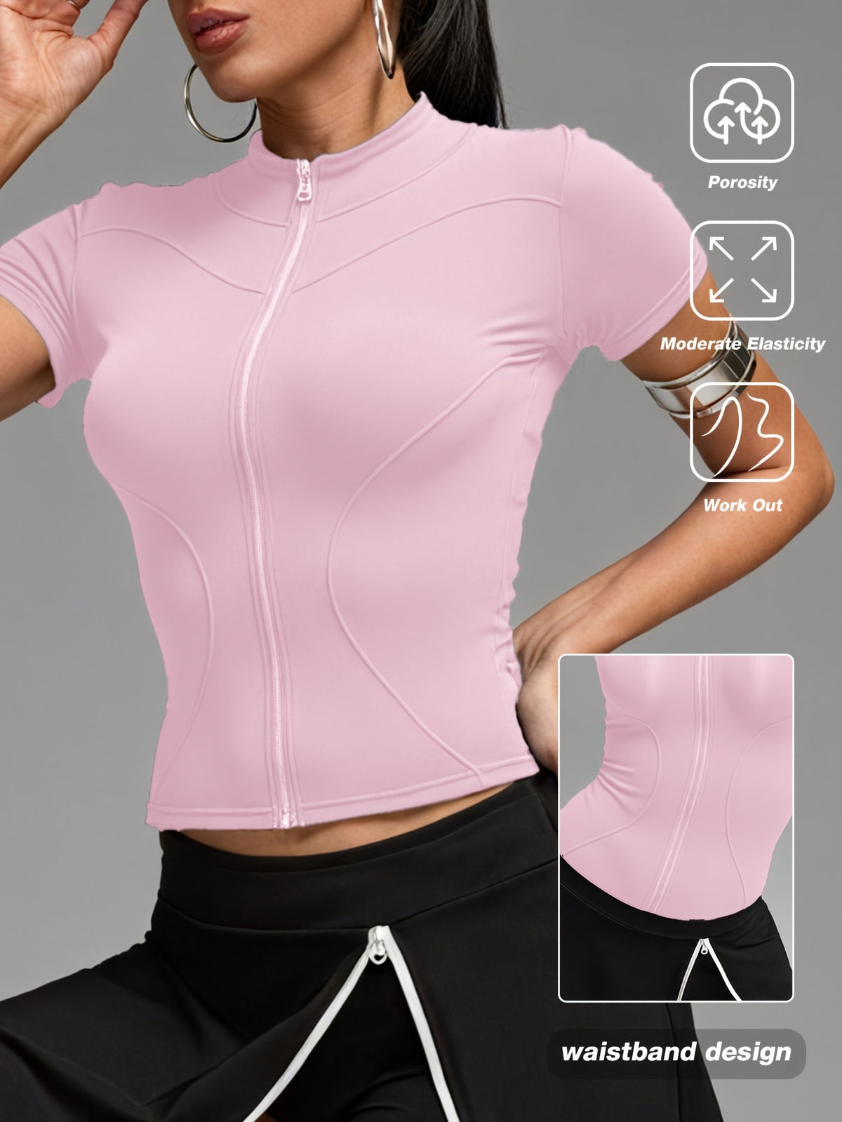 Short Sleeve Cropped Zip Jacket - Pink