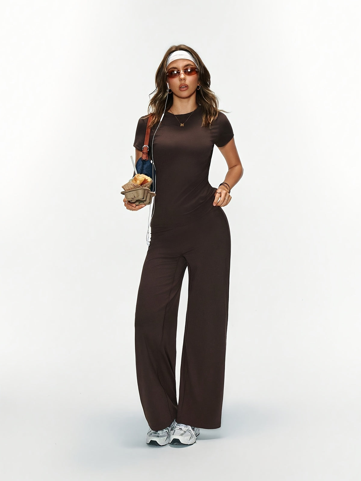 Tee & Wide Leg Pants Set - Coffee