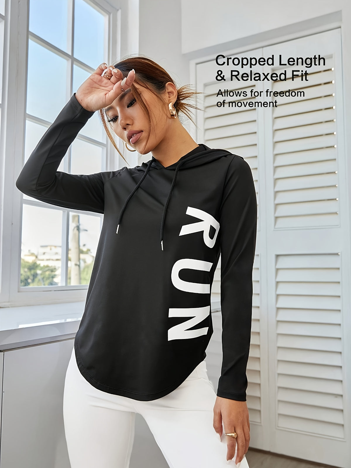 Letter Print Hooded Athletic Top - Black