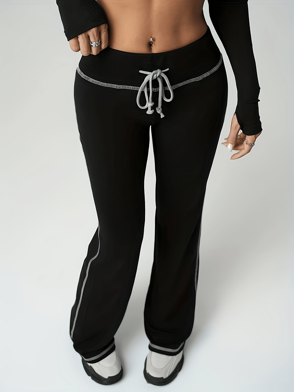 Drawstring Waist Flared Yoga Pants - Black
