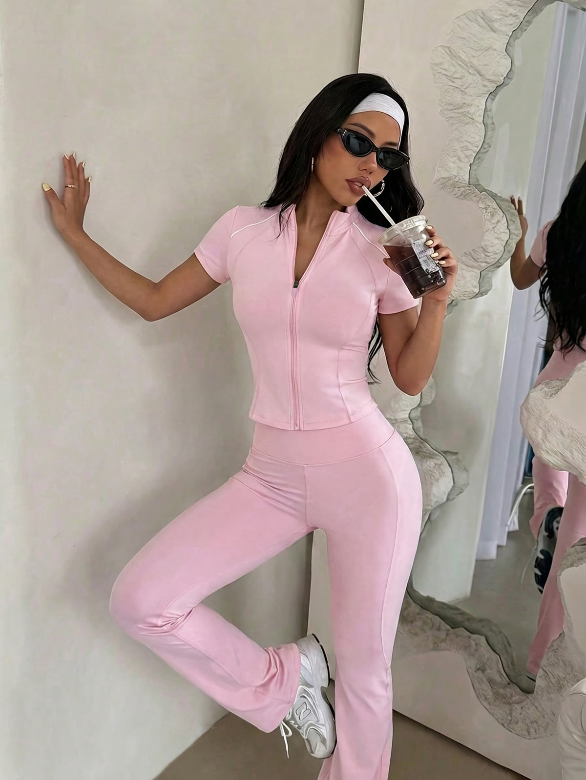 Short Sleeve Zip Top & Flare Pants Set - Pink Red